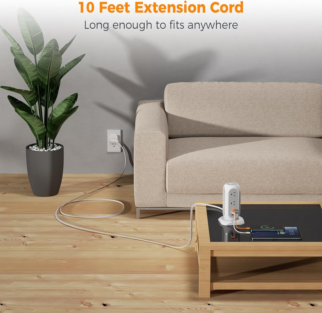 Surge Protector Power Strip Tower 10 Ft, TESSAN Flat Plug Extension Cord with 11 AC Multiple Outlets 3 USB Ports (1 USB C), 1050J Desk Charging Station for Home, Office Supplies, Dorm Room Essentials