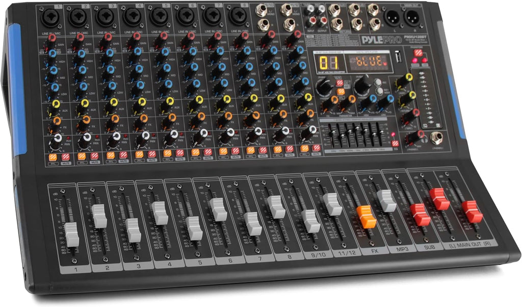 PYLE 12-Channel Bluetooth Studio Audio Mixer - DJ Sound Controller Interface with USB Drive for PC Recording Input, RCA, XLR Microphone Jack, 48V Power, For Professional and Beginners - PMXU128BT