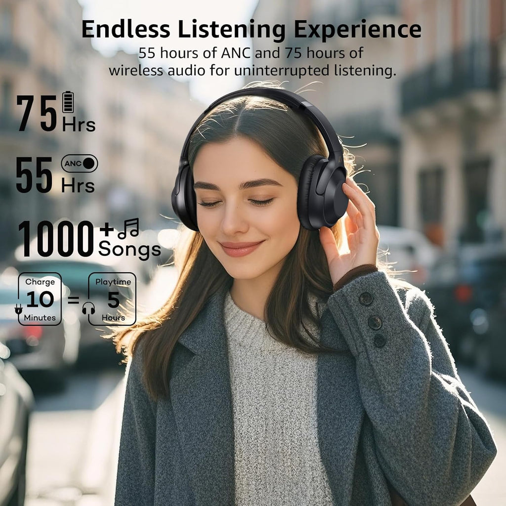 Riibox Y7Pro Hybrid Active Noise Cancelling Headphones, LDAC Hi-Res Audio, 75H Playtime, Deep Bass, Comfort Fit & Foldable Wireless Over-Ear Bluetooth Headphones for Home Office Travel – Black