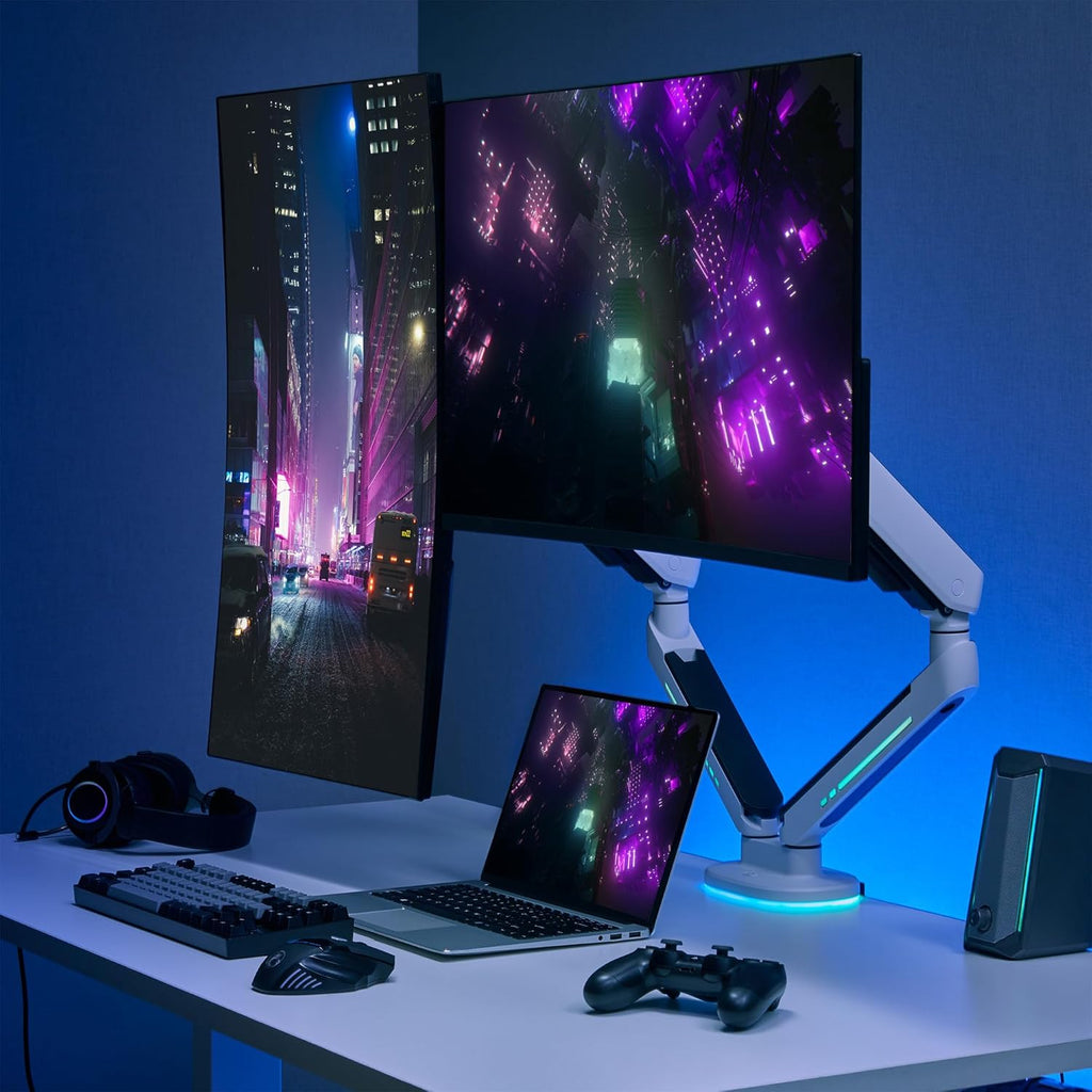 AVLT Dual 27”-43” RGB Gaming Monitor Arm Desk Mount Built-in 20 Lighting Modes Touch Button Control Fits Flat/Curved/Ultrawide Screen Height Swivel Tilt Rotation Adjustable Stand -White
