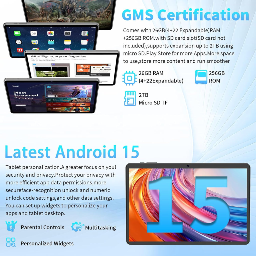 Android 15 Tablet 10 Inch, 26GB RAM+256GB ROM/2TB Expandable Tablet, 2 in 1 Tablets with Keyboard Case Mouse Stylus, 2.0GHz Octa-core CPU, IPS HD Screen, 5G WiFi BT 5.0, 8000mAh Battery (Silver)