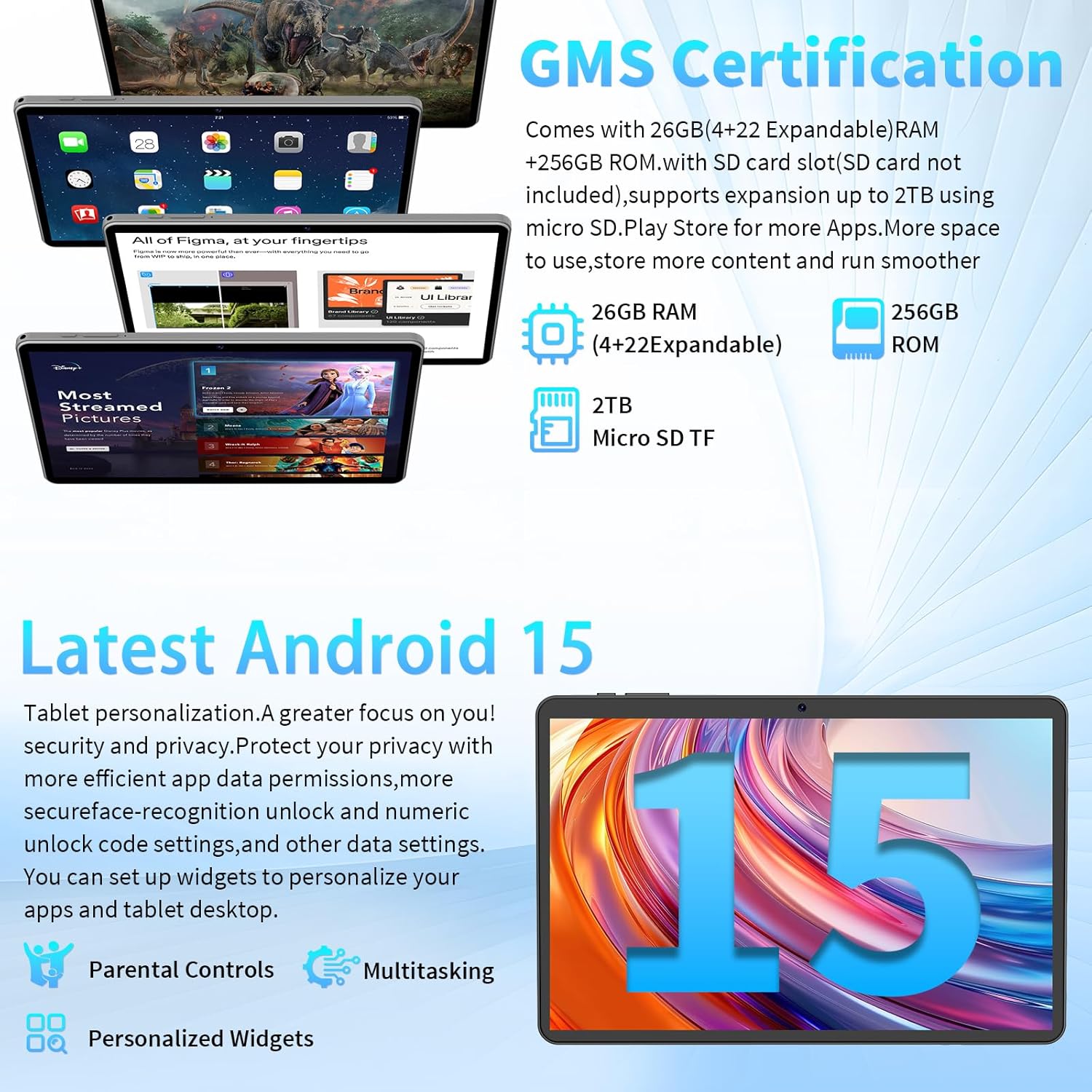 Android 15 Tablet 10 Inch, 26GB RAM+256GB ROM/2TB Expandable Tablet, 2 in 1 Tablets with Keyboard Case Mouse Stylus, 2.0GHz Octa-core CPU, IPS HD Screen, 5G WiFi BT 5.0, 8000mAh Battery (Black)