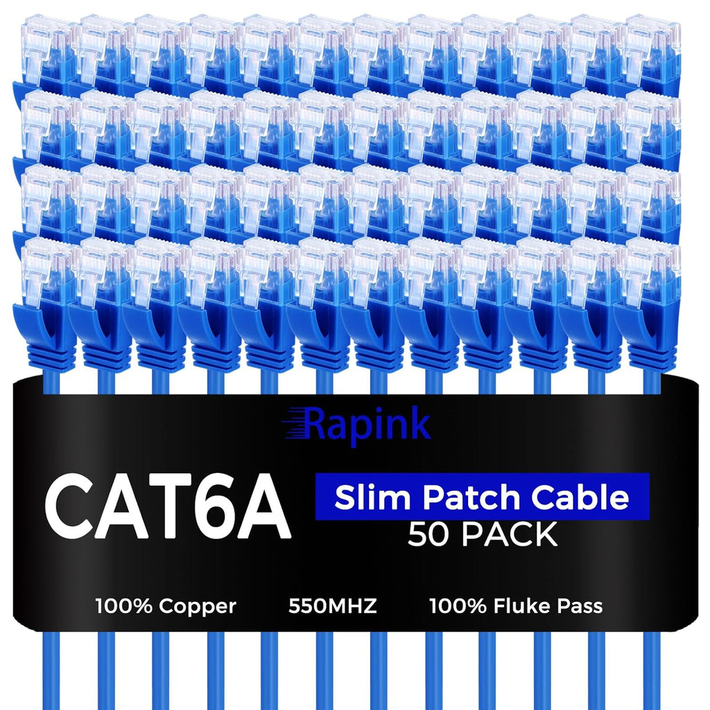 Rapink Patch Cables Cat6a 3ft (50 Pack) Slim, Cat6a Ethernet Patch Cable 10G Support, Snagless Cat 6 Patch Cable for Patch Panel to Switch, Flexiable Cat 6a Ethernet Cable with Gold Plated