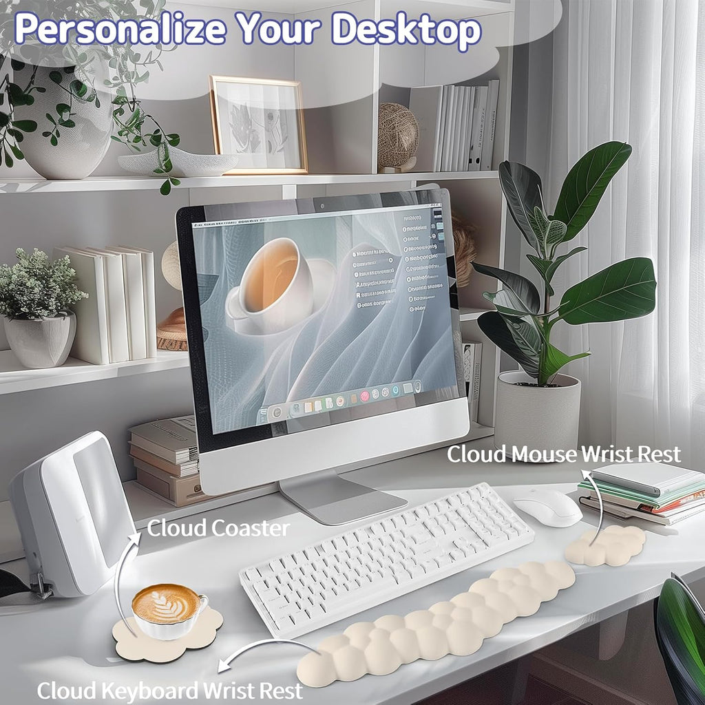 Cloud Wrist Rest for Keyboard and Mouse, Memory Foam PU Leather Keyboard Wrist Rest with Ergonomic Support, Non-Slip Base, Cute Arm Rest Pad & Palm Cushion, Office Desk Accessory, Beige