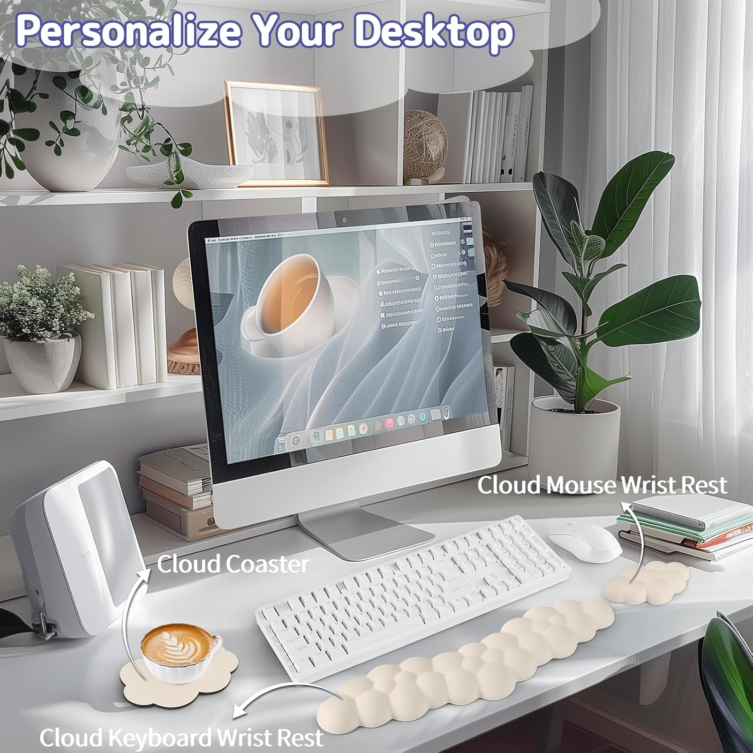 Cloud Wrist Rest for Keyboard and Mouse, Memory Foam PU Leather Keyboard Wrist Rest with Ergonomic Support, Non-Slip Base, Cute Arm Rest Pad & Palm Cushion, Office Desk Accessory, Beige