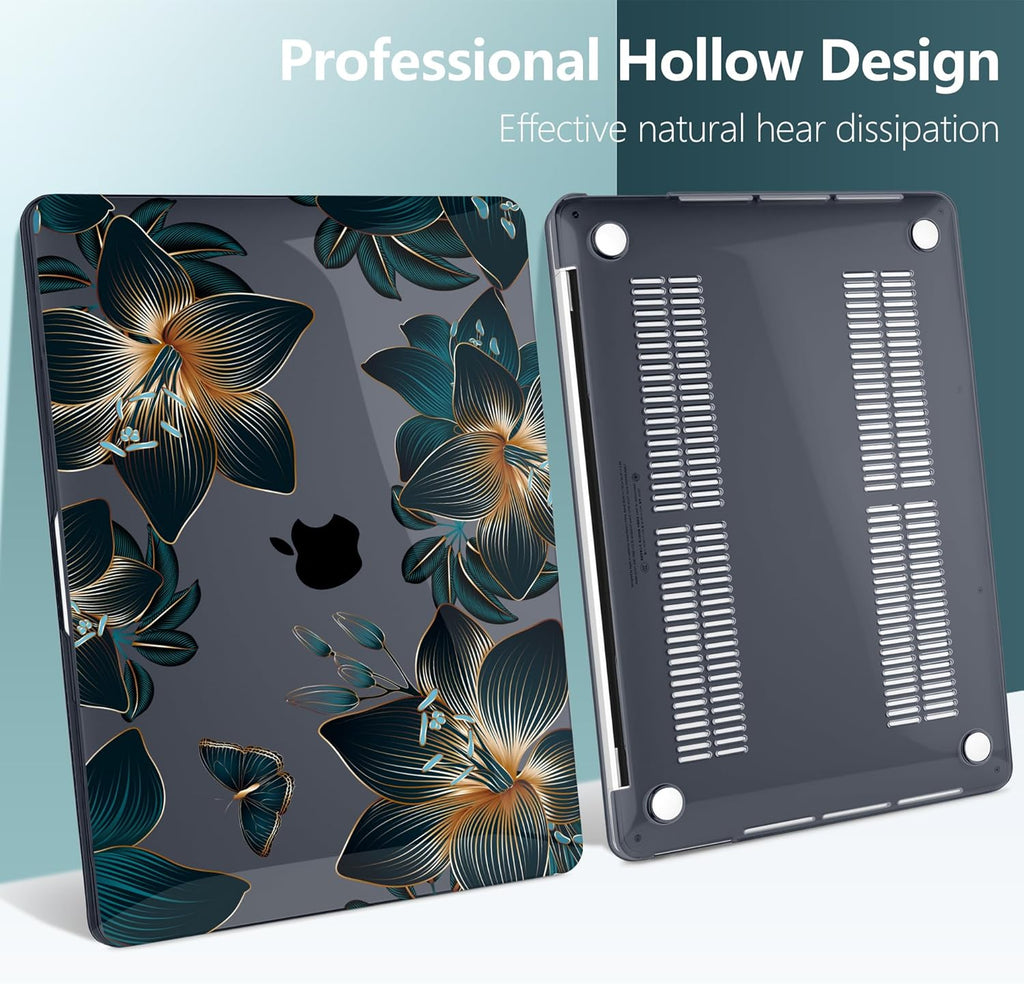 TWOLSKOO Compatible with MacBook Pro 13 inch Case 2023-2016 A2338 M2/M1 A2251 A2289 A2159 A1989 A1706, Plastic Hard Shell Cover & Keyboard Skin & Screen Protector - Golden Lilies