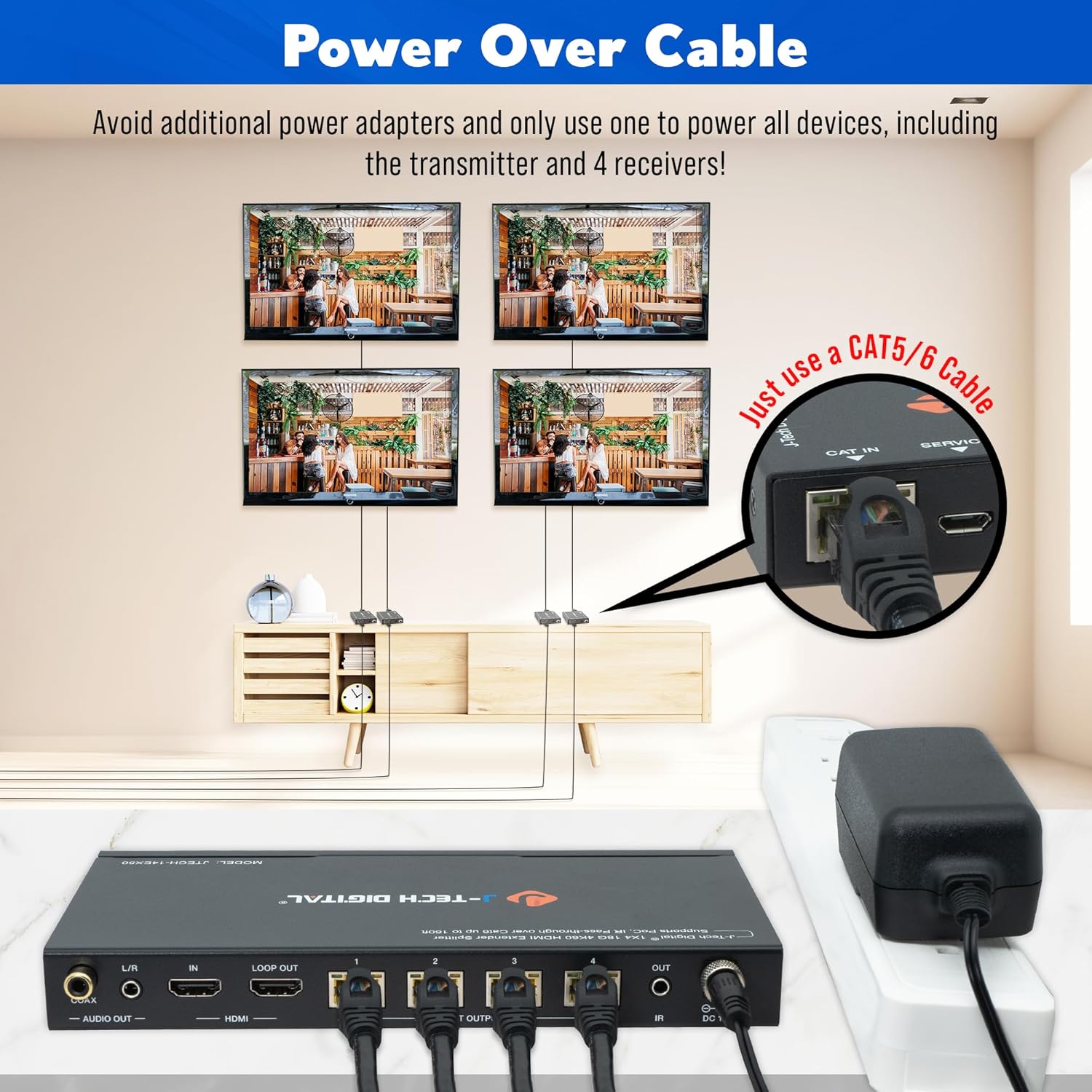 J-Tech Digital HDMI 2.0 4K 1x4 Splitter Extender Over Single Cable CAT6 with PoC Up to 196 FT 1-in 4-Out w/Local Loop Output & Low Latency [JTECH-14EX50]