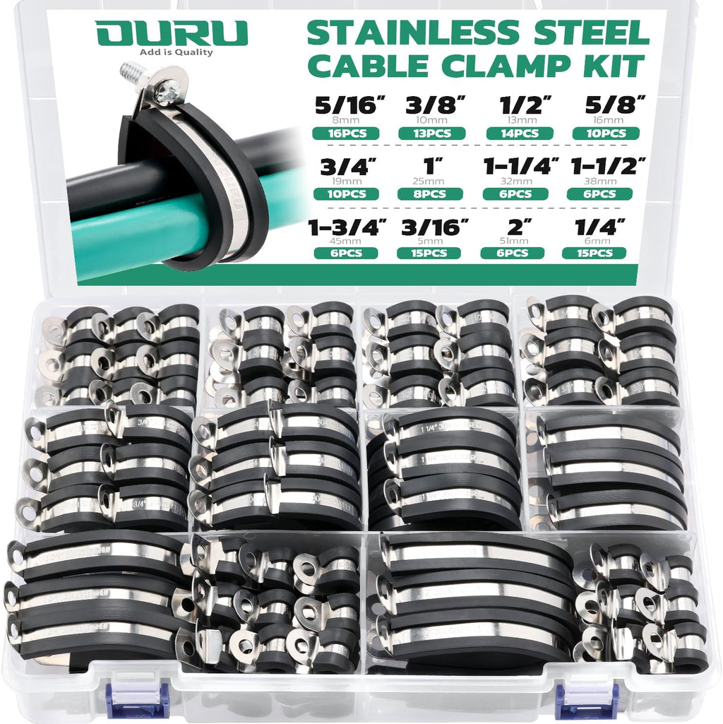 125PCS Cable Clamp,12 Sizes Stainless Steel Rubber Coated Cushioned Insulated Cable Clamps Assortment Kit-Metal Wire Clamps,Cable Clips,Pipe Clamps