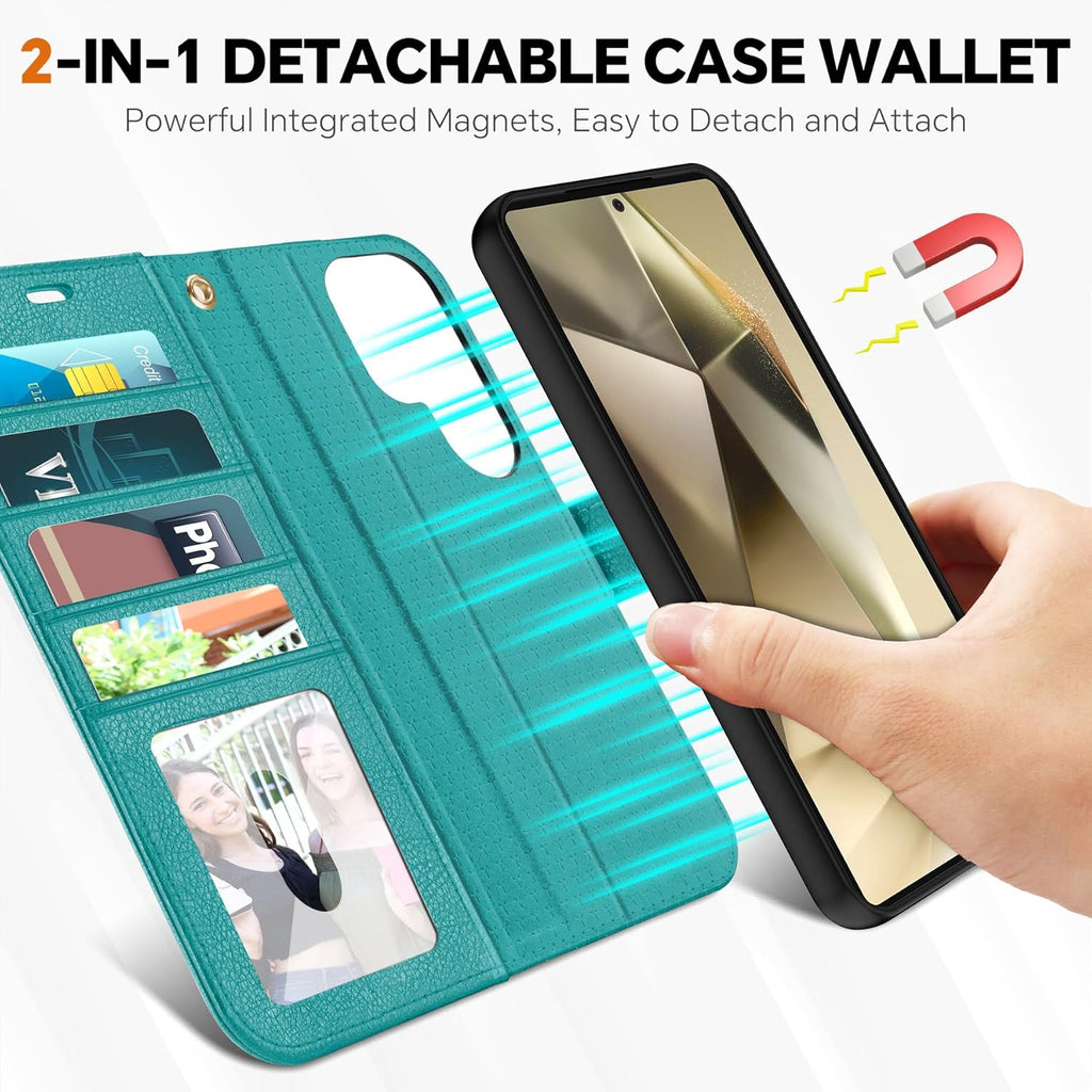 TUCCH Case Wallet for Galaxy S25 Ultra, Detachable [Wireless Charging] RFID Blocking 4 Card Holder, Wrist Strap Removable Stand PU Leather Flip Shockproof Phone Cover for Galaxy S25 Ultra 6.9", Cyan