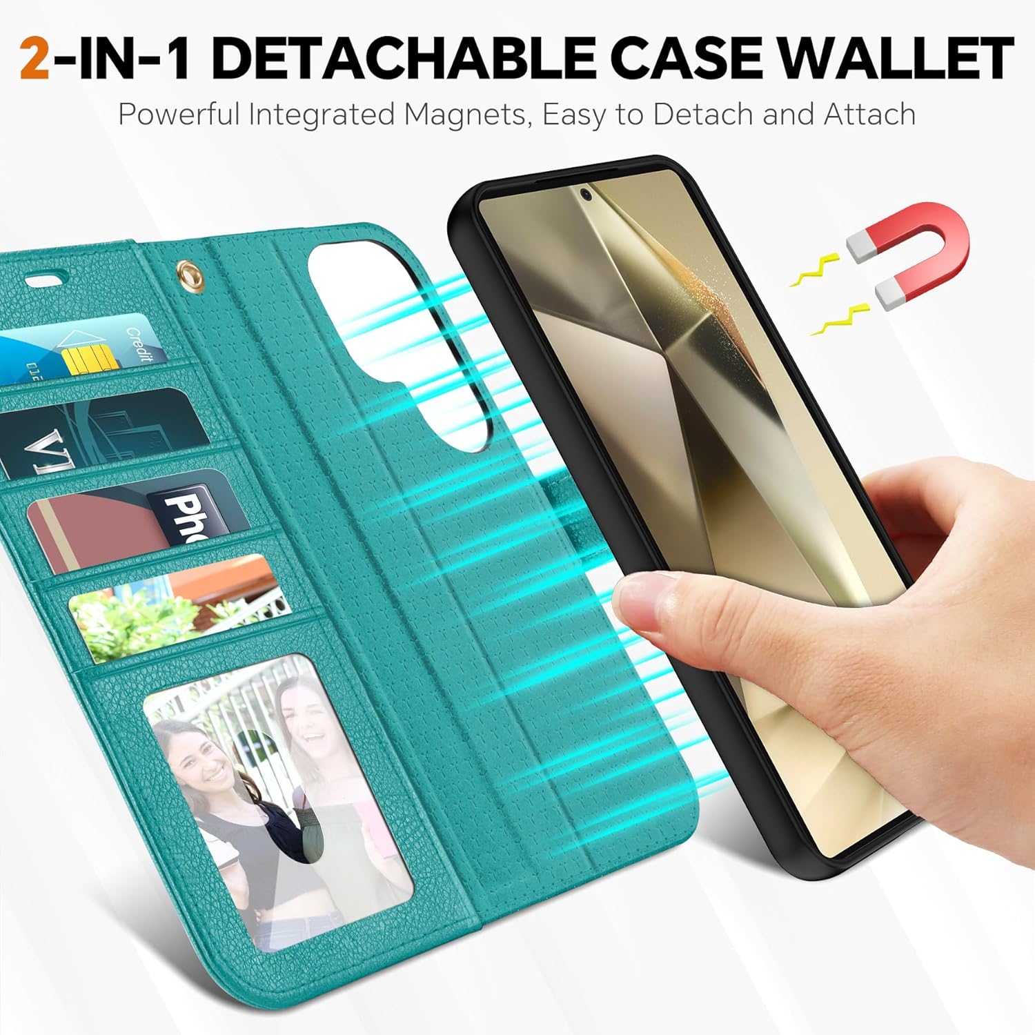 TUCCH Case Wallet for Galaxy S25 Ultra, Detachable [Wireless Charging] RFID Blocking 4 Card Holder, Wrist Strap Removable Stand PU Leather Flip Shockproof Phone Cover for Galaxy S25 Ultra 6.9", Cyan