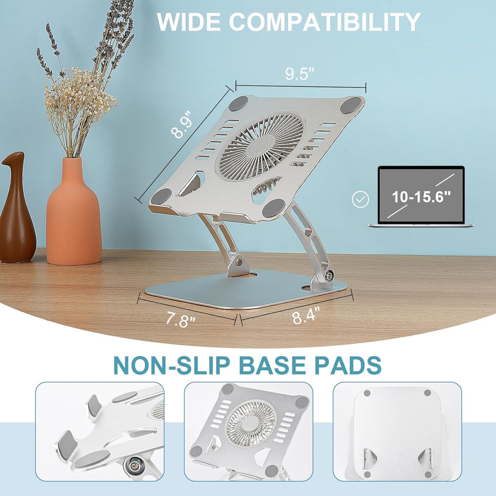 SHUWEI Laptop Cooling Stand with 3 Speed Fan, Adjustable Height Laptop Stand for Desk, Ergonimic Aluminum Laptop Cooling Pad for 10-15'' Notebook - Silver