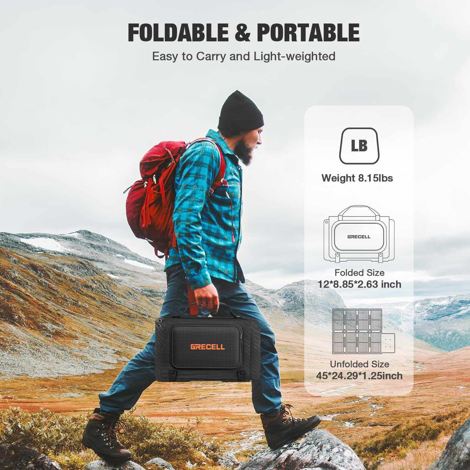 GRECELL 80W Foldable Solar Panel, Portable Solar Charger with USB-A and USB-C QC3.0 (18W) IP67 Waterproof Outdoor Cell Phone Solar Charger for Power Banks Tablets Small Power Station