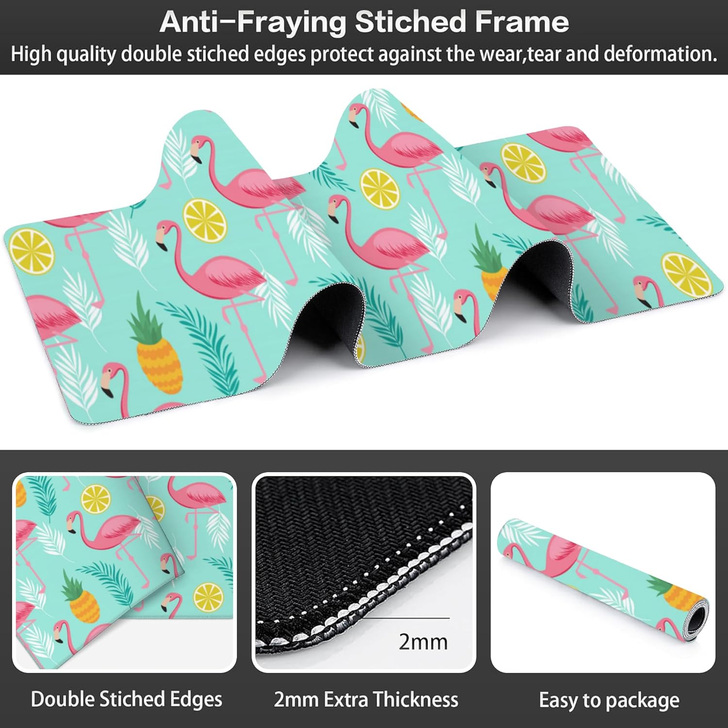 Pink Flamingo Desk Mat,Large Summer Flamingos Pineapples Tropical Leaves Gaming Keyboard Mouse Pad,Non-Slip Rubber Base Desk Pad Thick Stitched Edges Waterproof Mousepad Mouse Mat 31.5"x11.8"