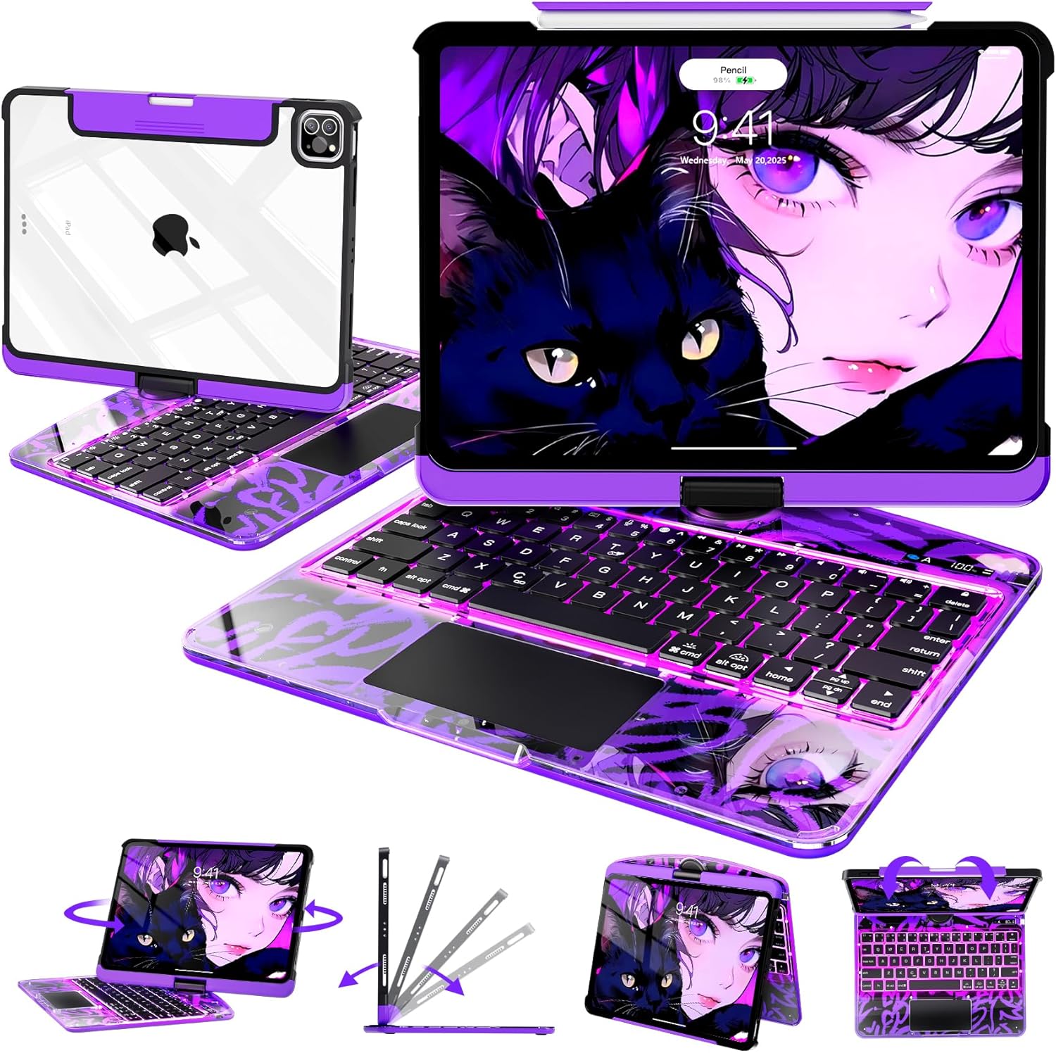 Intermerge Clear Keyboard Case for iPad Air 13" (M3/M2, 2025/2024) & Pro 12.9" (2022-2018) - 360° Rotatable Trackpad, RGB Backlit Keyboard, Pencil Holder, Power Indicator, Type-C, Neon Pulse
