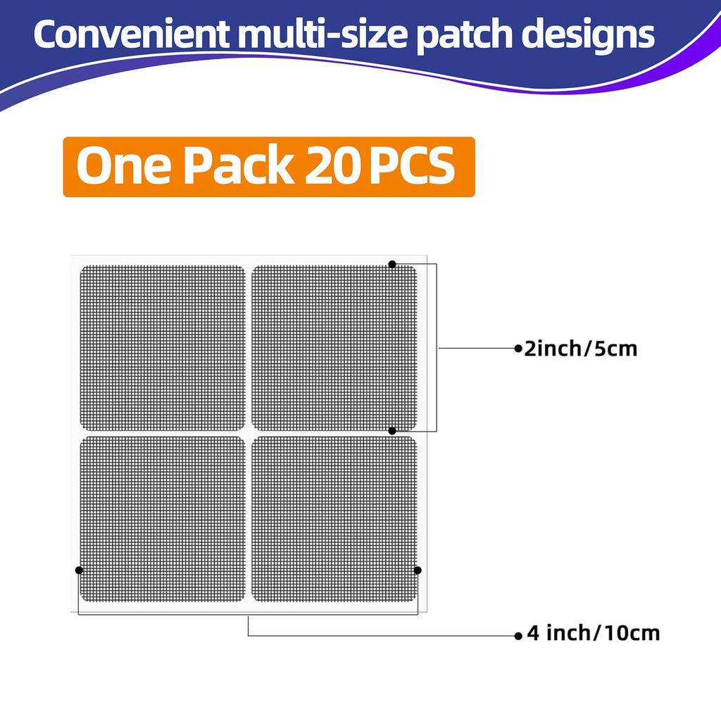 KING MOUNTAIN 20 Sheets Black Window Screen Repair Patches,4×4 in Window Screen Repair Kit for Window Screen and Screen Door Tears Holes, Strong Adhesive Screen Tape Mesh Repair,Quick & Waterproof