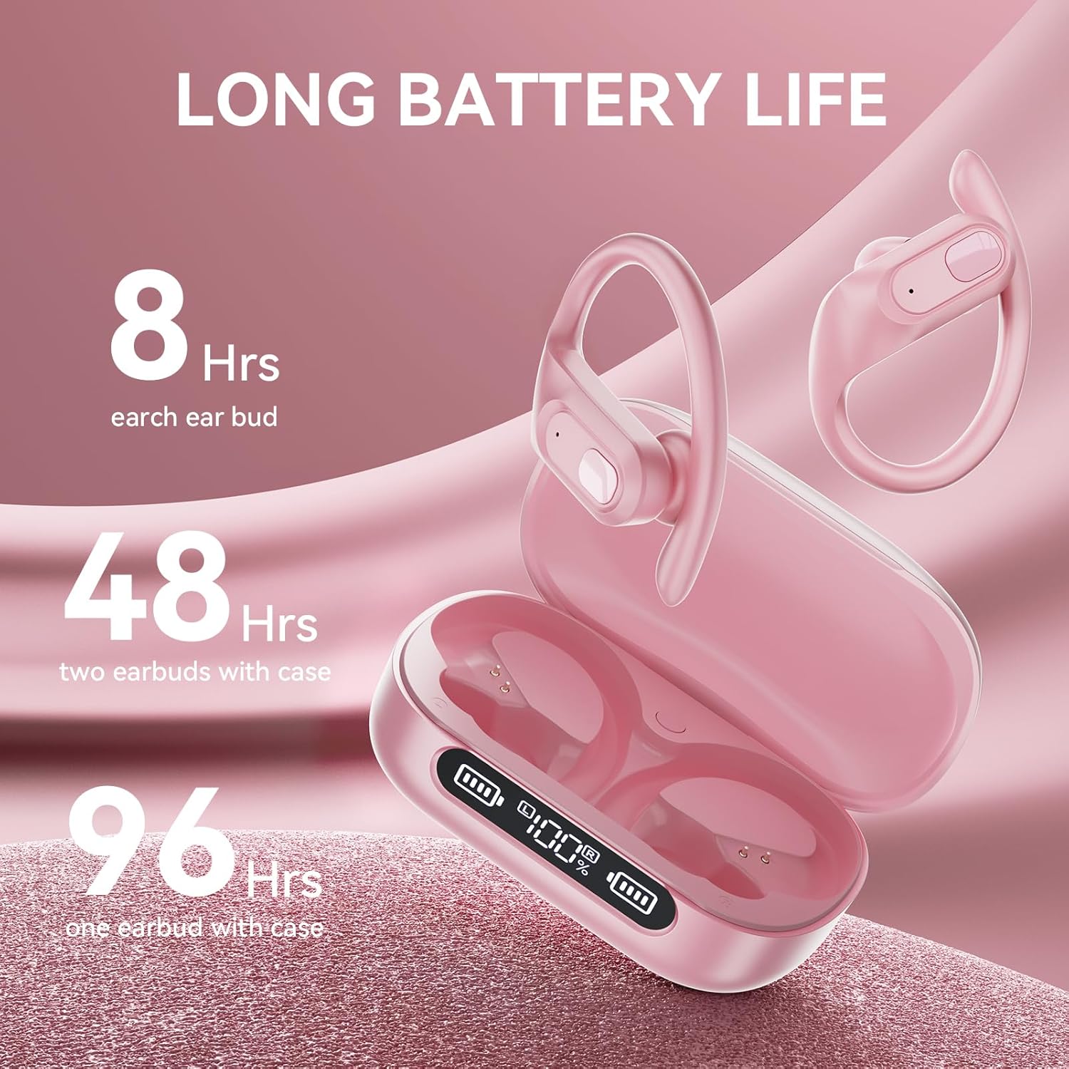 occiam Wireless Bluetooth Earbuds Sport Ear Buds Workout Headphones 96H Playback in-Ear Earphones with Earhooks Buit-in Mic Button Control Bass Stereo Headset for Gym Exercise Running Pink
