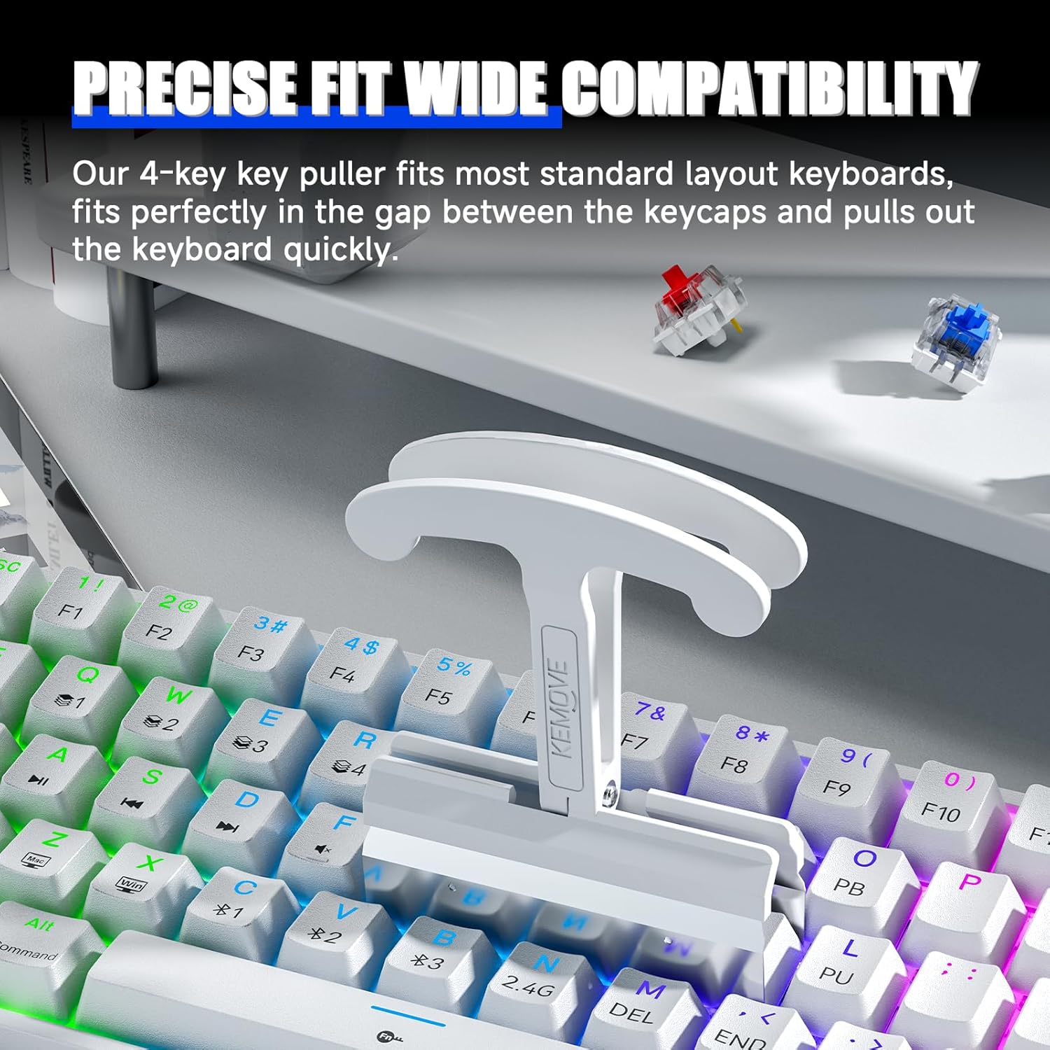 KEMOVE P11 4-Key Keycap Puller - Custom Gaming Mechanical Keyboard Cleaning and Removal Tool, Made with PC and 420 High-Carbon Stainless Steel, Suitable for Standard Layout Keyboards (White)