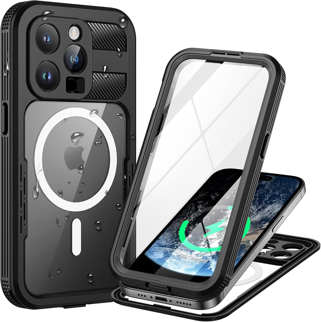 Lanhiem Magnetic for iPhone 15 Pro Case, IP68 Waterproof Dustproof Case, [Compatible with Magsafe] [Built-in Screen Protector] Full Body Heavy Duty Rugged Phone Cover 6.1 inch, Black