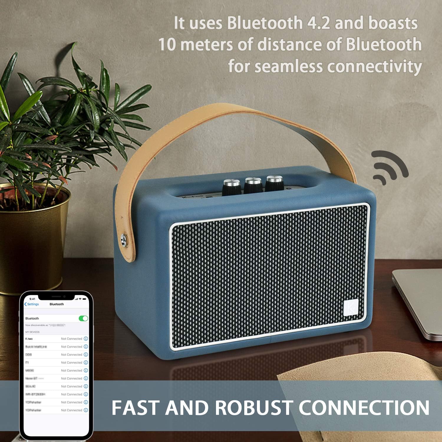 Vintage Bluetooth Speakers, KONEX 40W Leather Portable Wireless Speaker, Bluetooth 4.2 Heavy Bass Music Player, 20H Long Playtime, Mid Century Modern Decor for Home, Office, Party, Gift for Friend