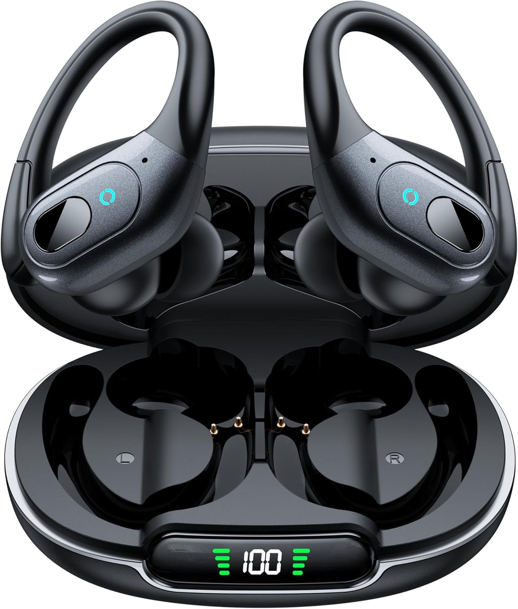 occiam Active Noise Cancelling Ear Buds Bluetooth Headphones Wireless Earbuds 90Hrs Playback Stereo Bass Earphones with Over-Ear Hooks IPX7 Waterproof Earbud for Sports Running Gym Workout Black