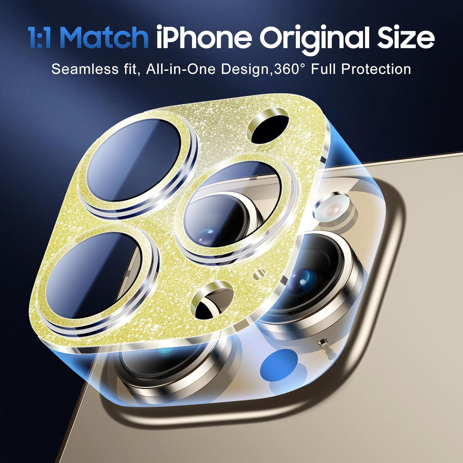 UniqueMe 3 Packs Compatible for iPhone 13 Pro Max/iPhone 13 Pro Camera Lens Protector Acrylic [Not Glass],[Case Friendly][Scratch-Resistant][Night Shooting Mode]-Glitter Golden