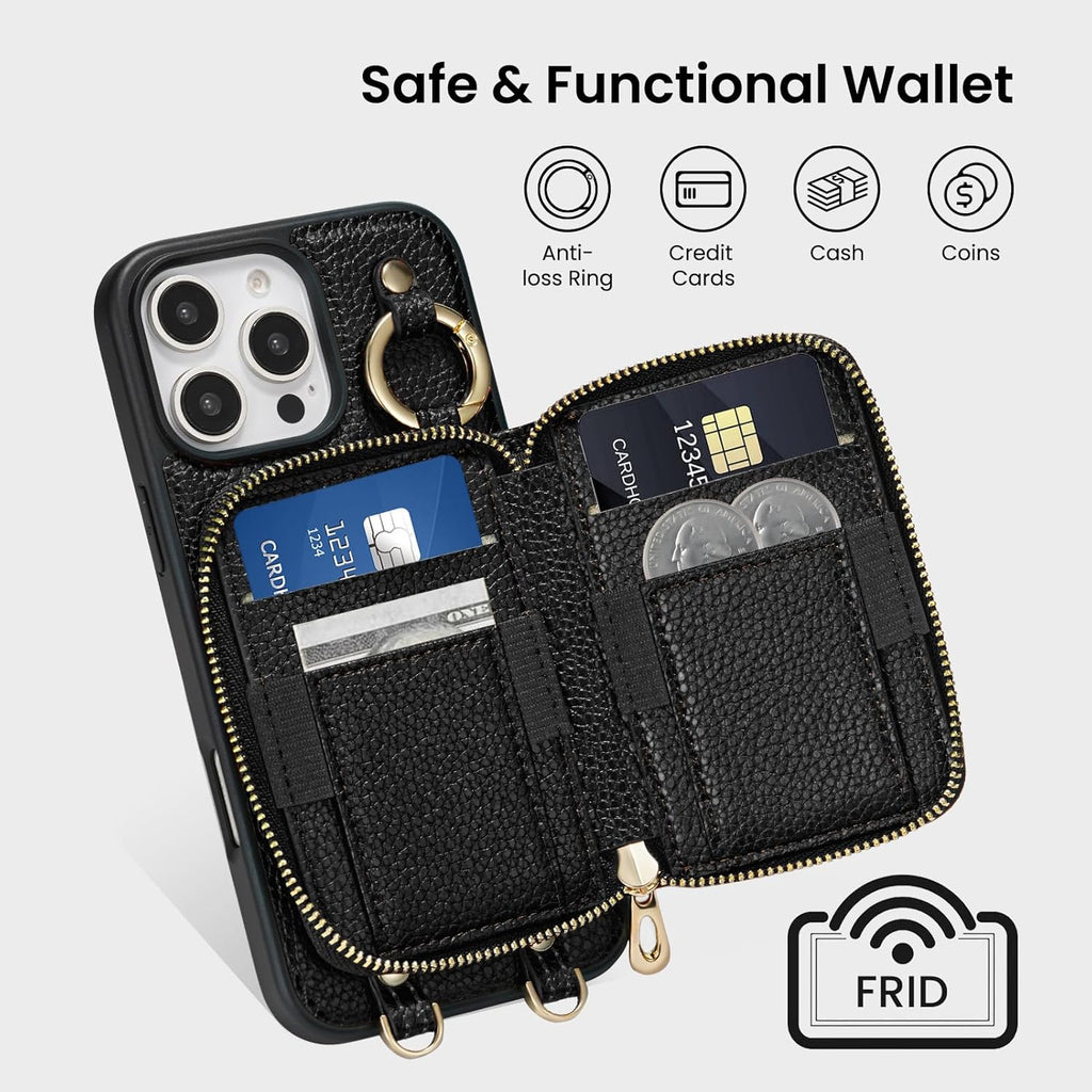 ORNARTO Magnetic Detachable Wallet Case for iPhone 16 Pro, [Compatible with MagSafe], Crossbody Wallet Case with Card Holder Wrist Strap, RFID Blocking PU Leather Wallet Phone Cover 6.3", Black