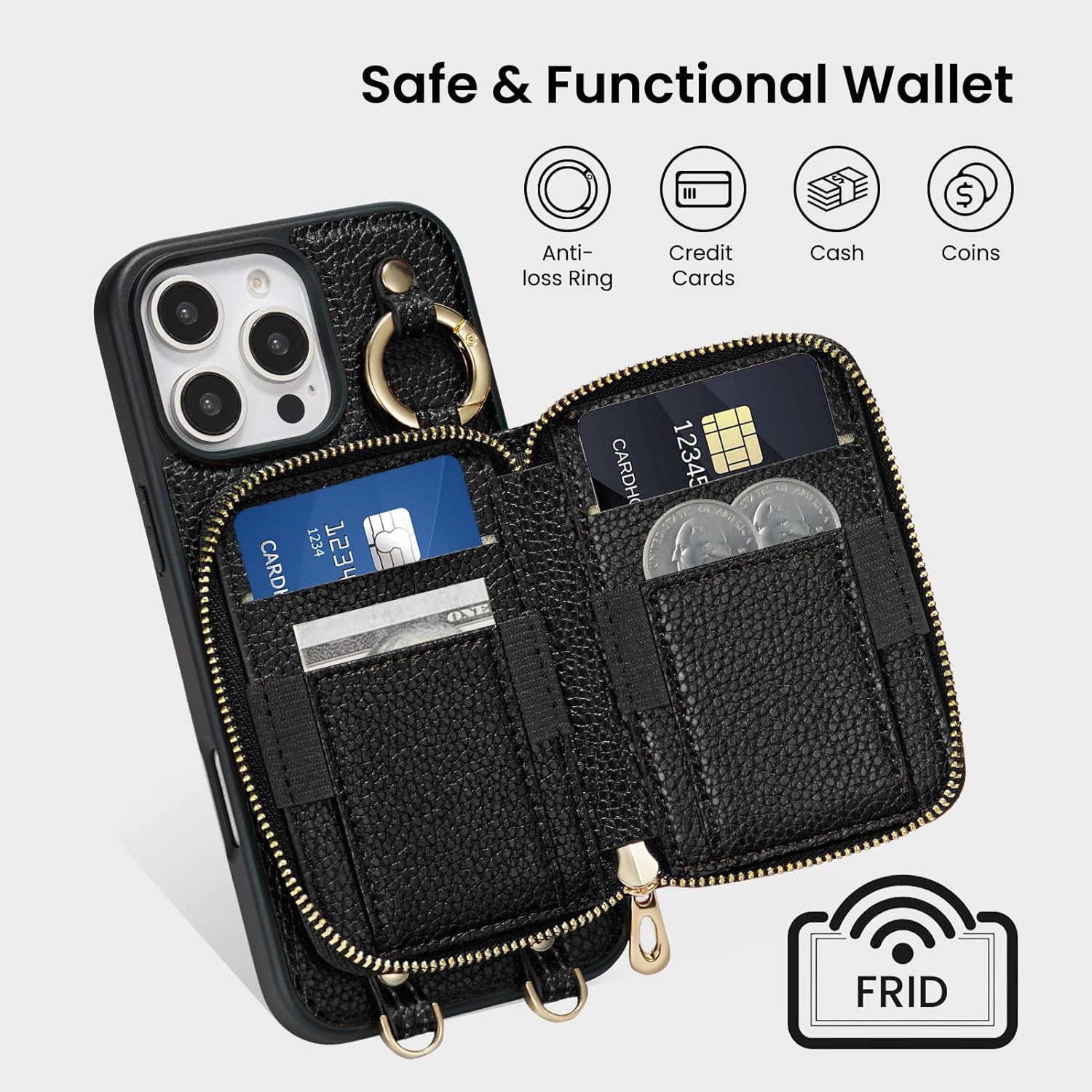 ORNARTO Magnetic Detachable Wallet Case for iPhone 16 Pro, [Compatible with MagSafe], Crossbody Wallet Case with Card Holder Wrist Strap, RFID Blocking PU Leather Wallet Phone Cover 6.3", Black