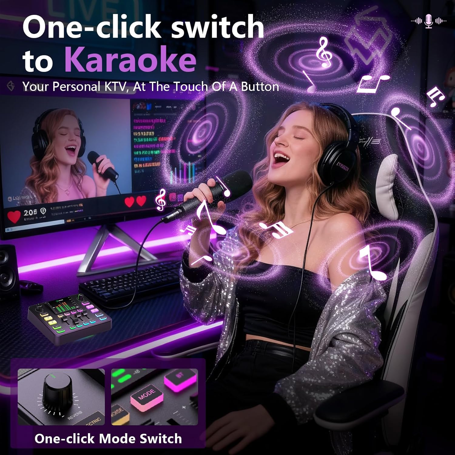 Pupgsis Gaming Audio Mixer, Audio Interface, Sound Board With Pro-Preamp, Noise Cancellation, RGB, Bluetooth, Volume Fader For Streaming/Podcasting/Gaming Maonocaster/Content Create, 6.35mm
