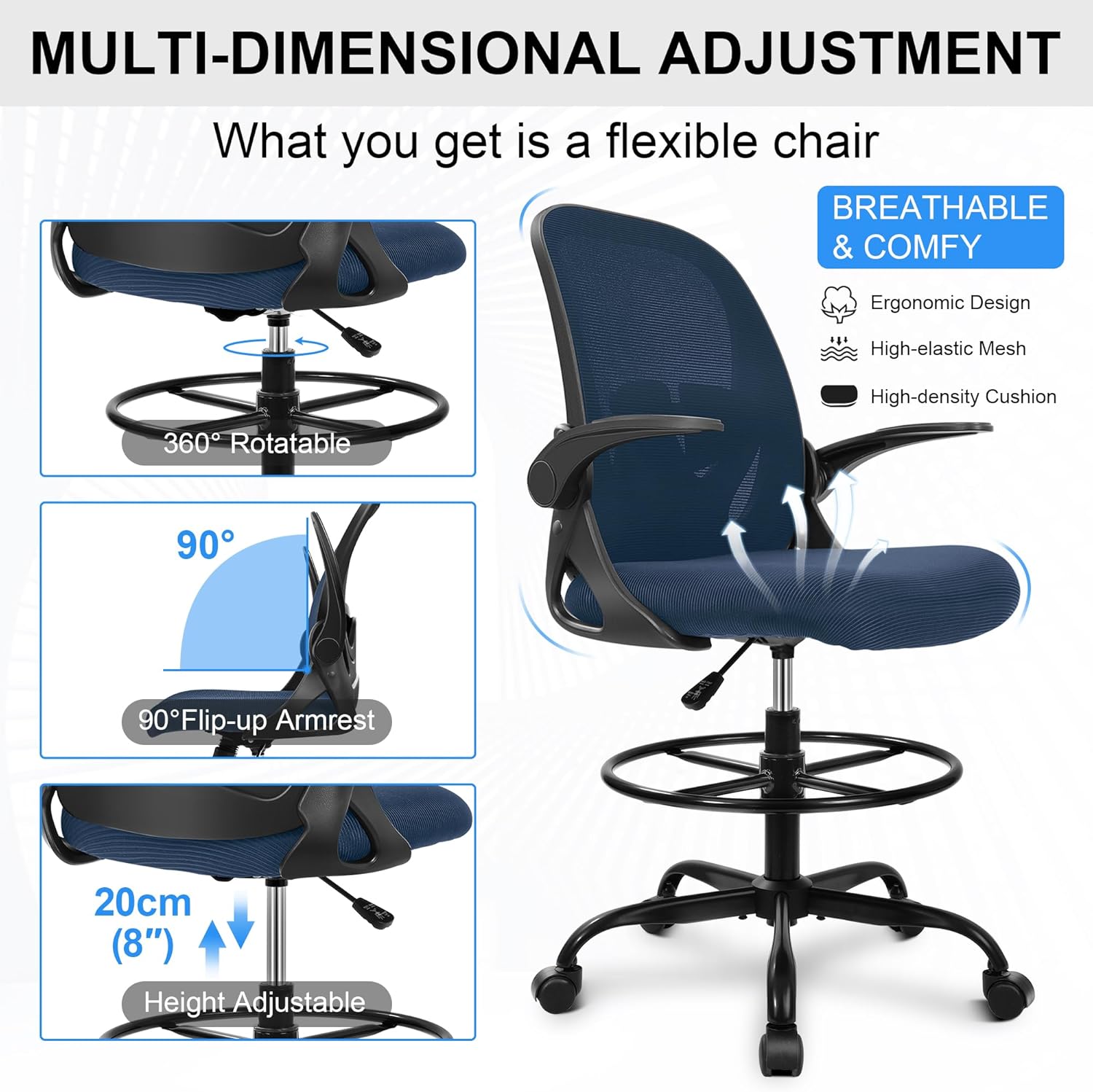 Drafting Chair, Tall Office Chair Ergonomic Standing Desk Chair,with Adjustable Footrest Ring, 3D Lumbar Support, Flip-up Armrests, Swivel Desk Stool for Drawing Working Navy