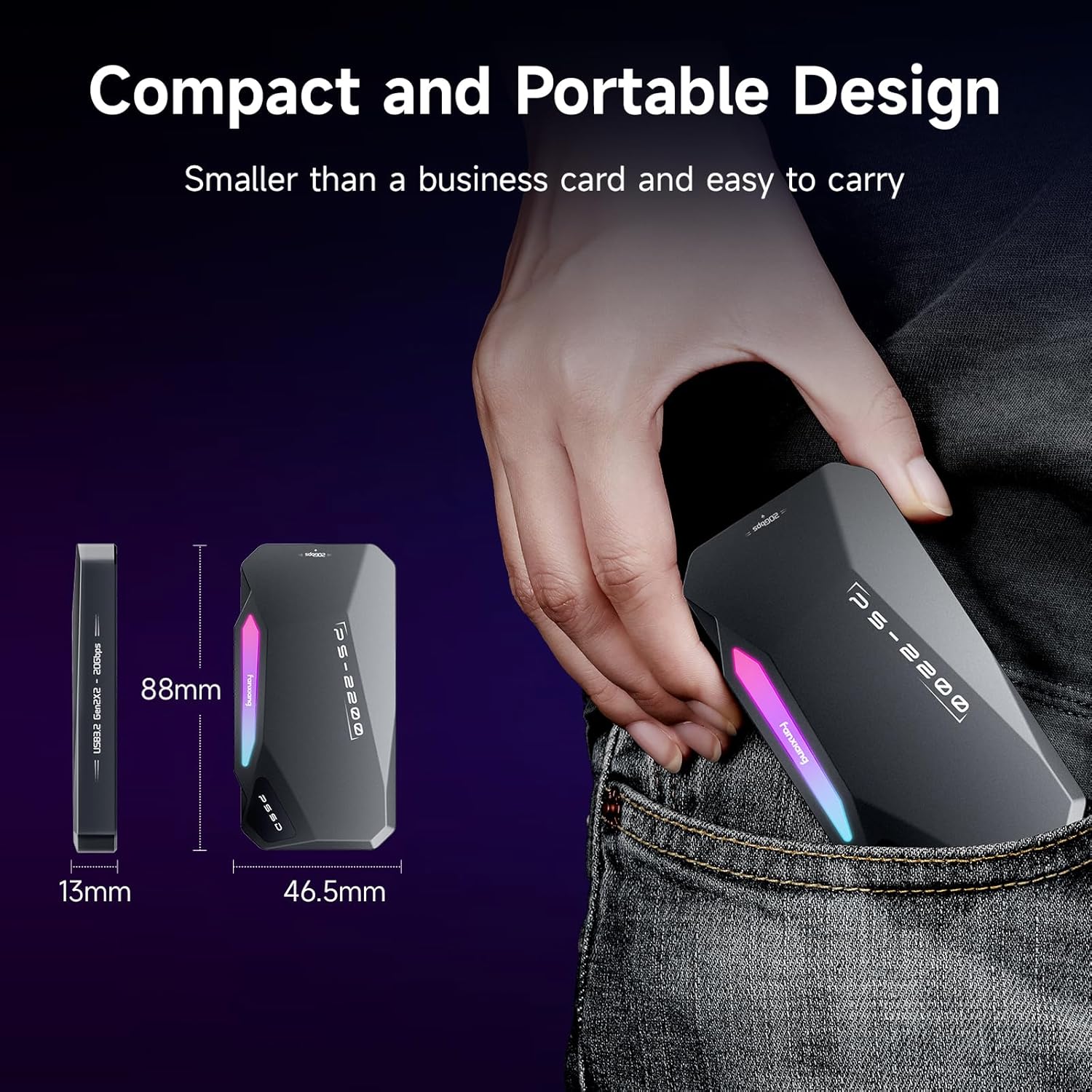 2TB Magnetic Portable SSD,2050MB/s Type-C USB 3.2 Gen 2x2 External SSD,4K ProRes Record and Store,Aluminum alloy,RGB Touch Lighting,External Solid State Drive for iPhone15/16/Android/PC/Mac -PS2200
