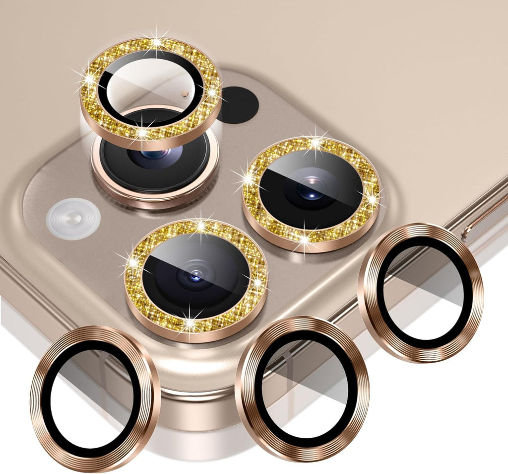 AGVEE 3+3 6 Pack for iPhone 16 Pro 6.3" / 16 Pro Max 6.9" Camera Lens Cover Protector, Bling Glitter & CD-Textured Metal Ring 9H Tempered HD Glass Camera Cover Protector Film, Glitter-Desert