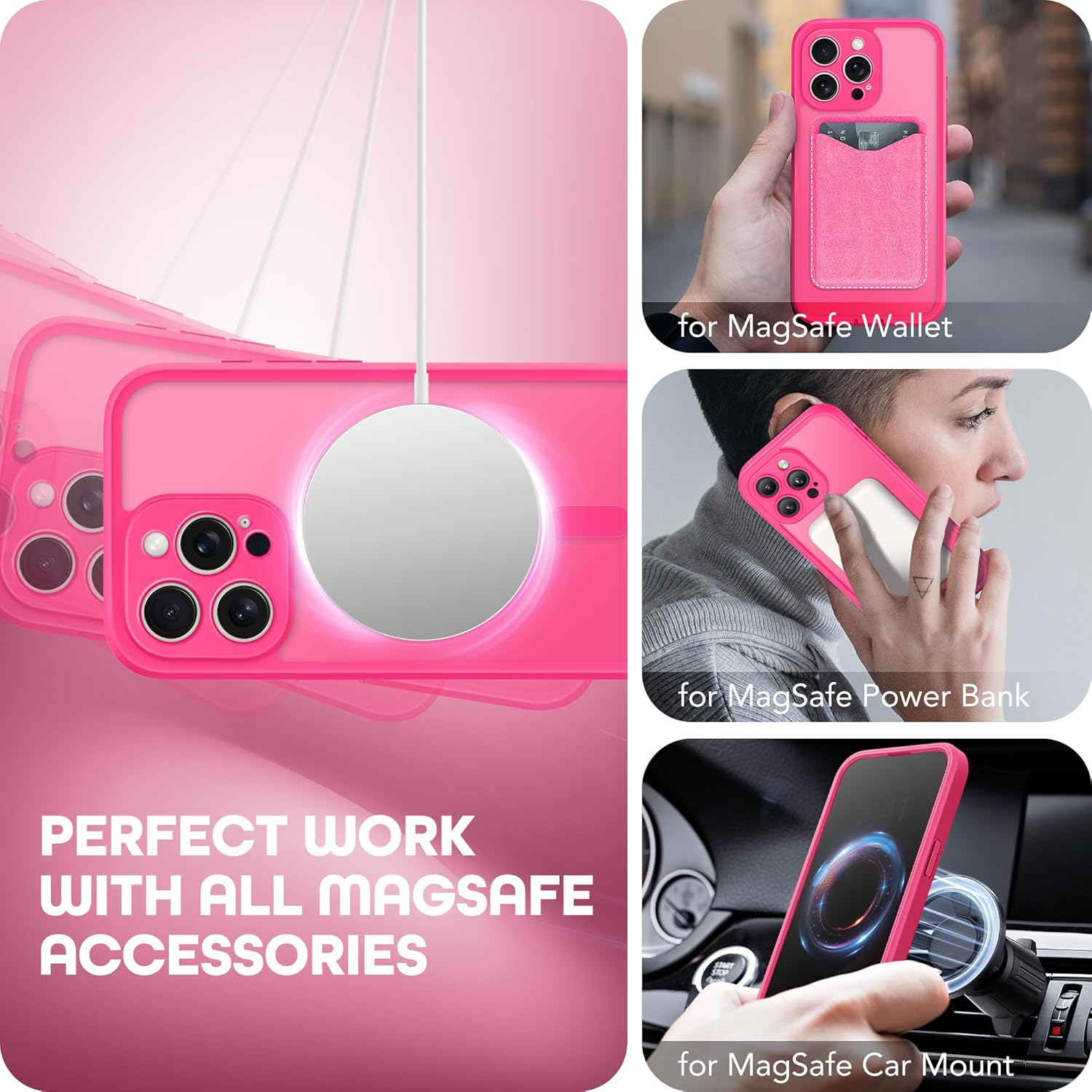 Magnetic for iPhone 15 Pro Case, Compatible with MagSafe, Built-in Privacy Screen Protector and Camera Protection, Anti Spy Full Body Dustproof Shockproof Hard Phone Case 6.1", Hot Pink
