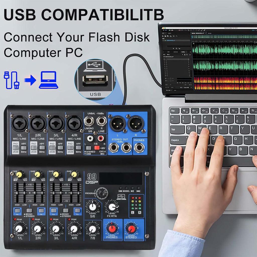Dj Mixers 8 Channel Audio Mixer Sound Board with Bluetooth, Usb Audio Interface with Sound Card Recording and 48V Phantom Power Sounds Mixer Board with 99 DSP FX Reverb Delay Effect for Streaming
