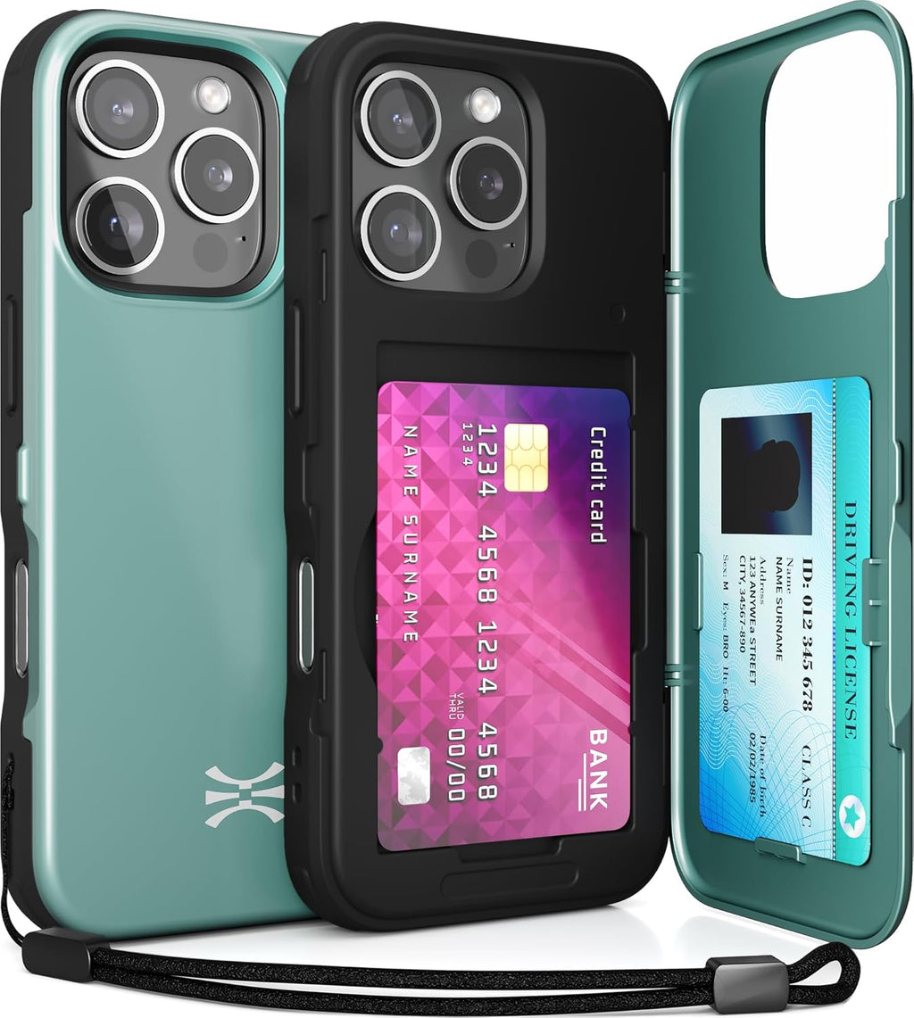 TORU CX Slim for iPhone 16 Pro Case Wallet | Protective Shockproof Heavy Duty Cover with Hidden Card Holder & Card Slot | Mirror & Wrist Strap Included - Green