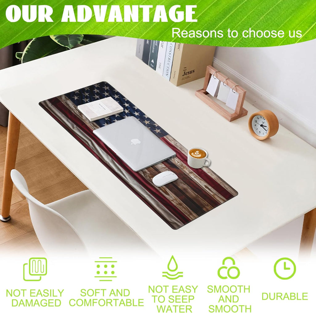 Large Gaming Mouse Pad for Desk,Wooden American Flag Desk Mat,Wooden USA Flag Desk Pad,Extended Big Computer Keyboard Mouse Pad with Non-Slip Base and Stitched Edge,31.5"x11.8"