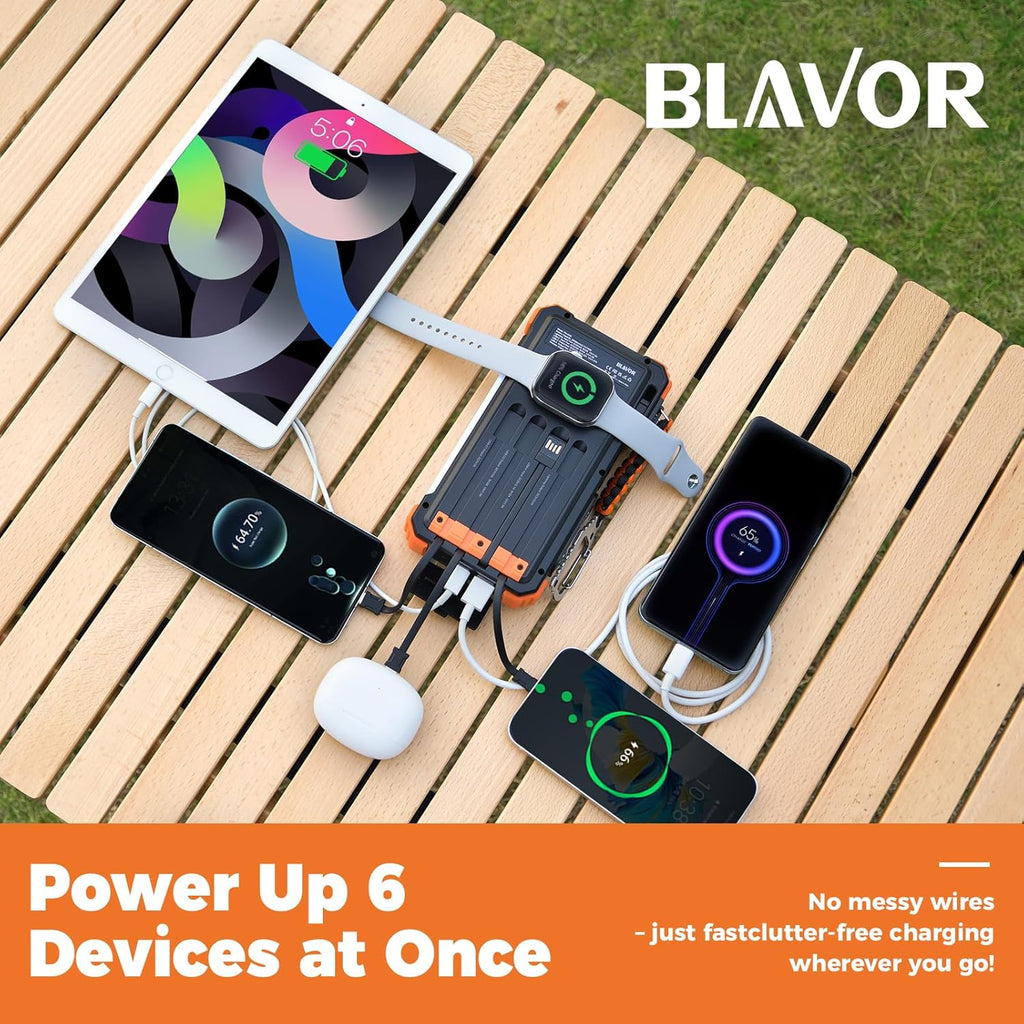 BLAVOR Solar Power Bank 20000mAh/74000mWh Built-in Cables, Wireless Charger for Apple Watch, 20W Fast Charging Battery Pack with USB C, Flashlight, Solar Charger for iPhone, iPad, iWatch, Samsung