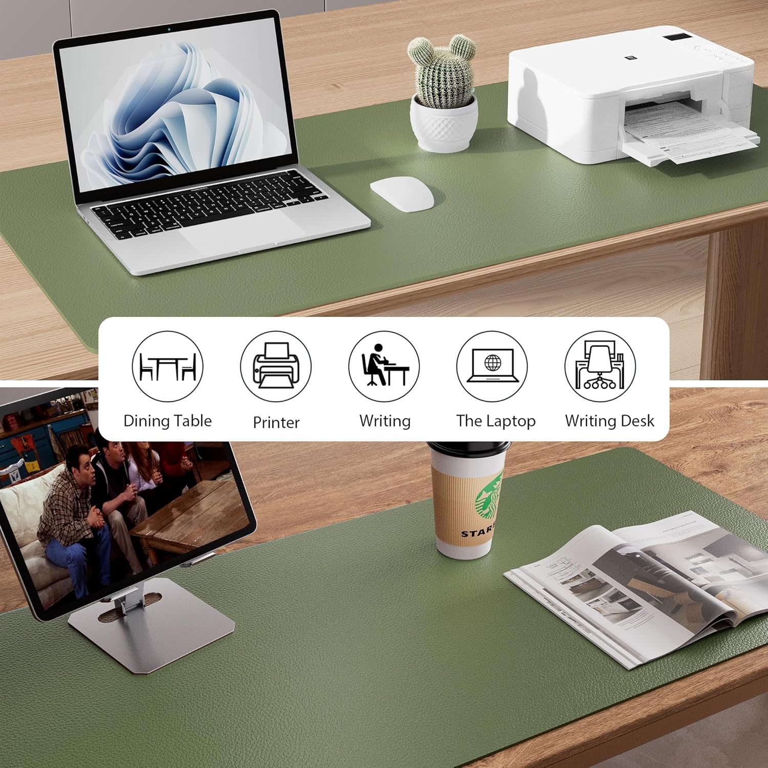 Aothia Leather Desk Pad Protector, Mouse Pad, Office Desk Mat, Non-Slip PU Leather Desk Blotter, Laptop Desk Pad, Waterproof Desk Writing Pad for Office and Home (36" x 17", Olive Green)
