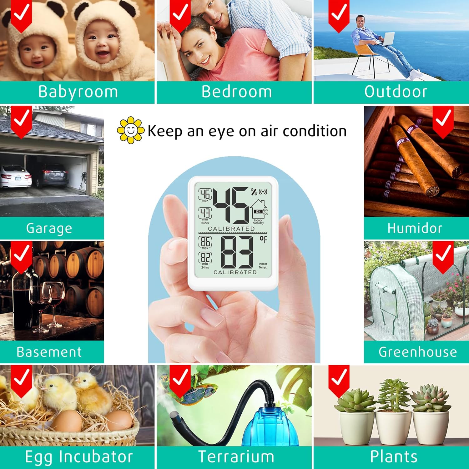 Antonki Room Thermometer, Digital Small Hygrometer Indoor Thermometer Humidity Gauge, Temperature Humidity Meter with Max/Min Record Monitor Sensor for Home, Plants - Battery Included