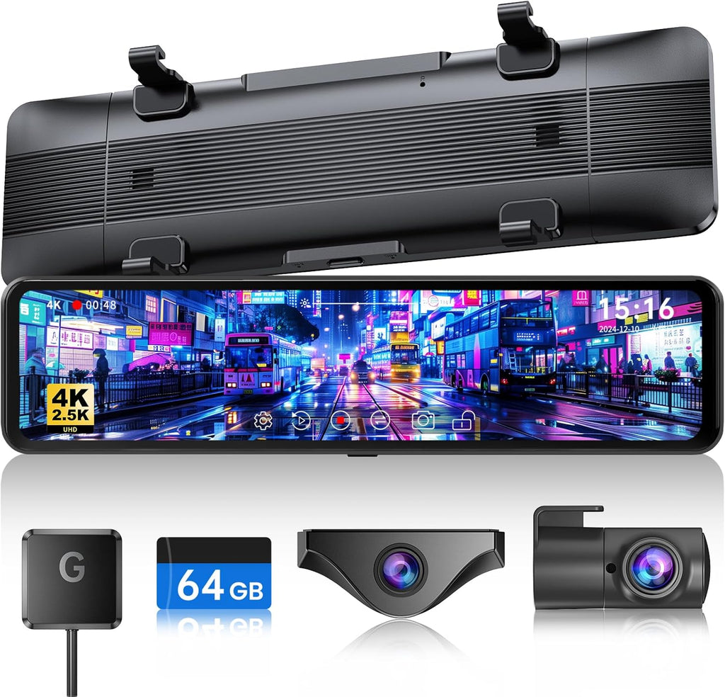 JOMISE T860+ Mirror Dash Cam 4K Front and 2.5K Rear, Detached Front Camera for 10-Minute Install, 3X Zoom Rear View Mirror Camera, 64GB Card Included, Night Vision, WDR, Parking Assist, GPS