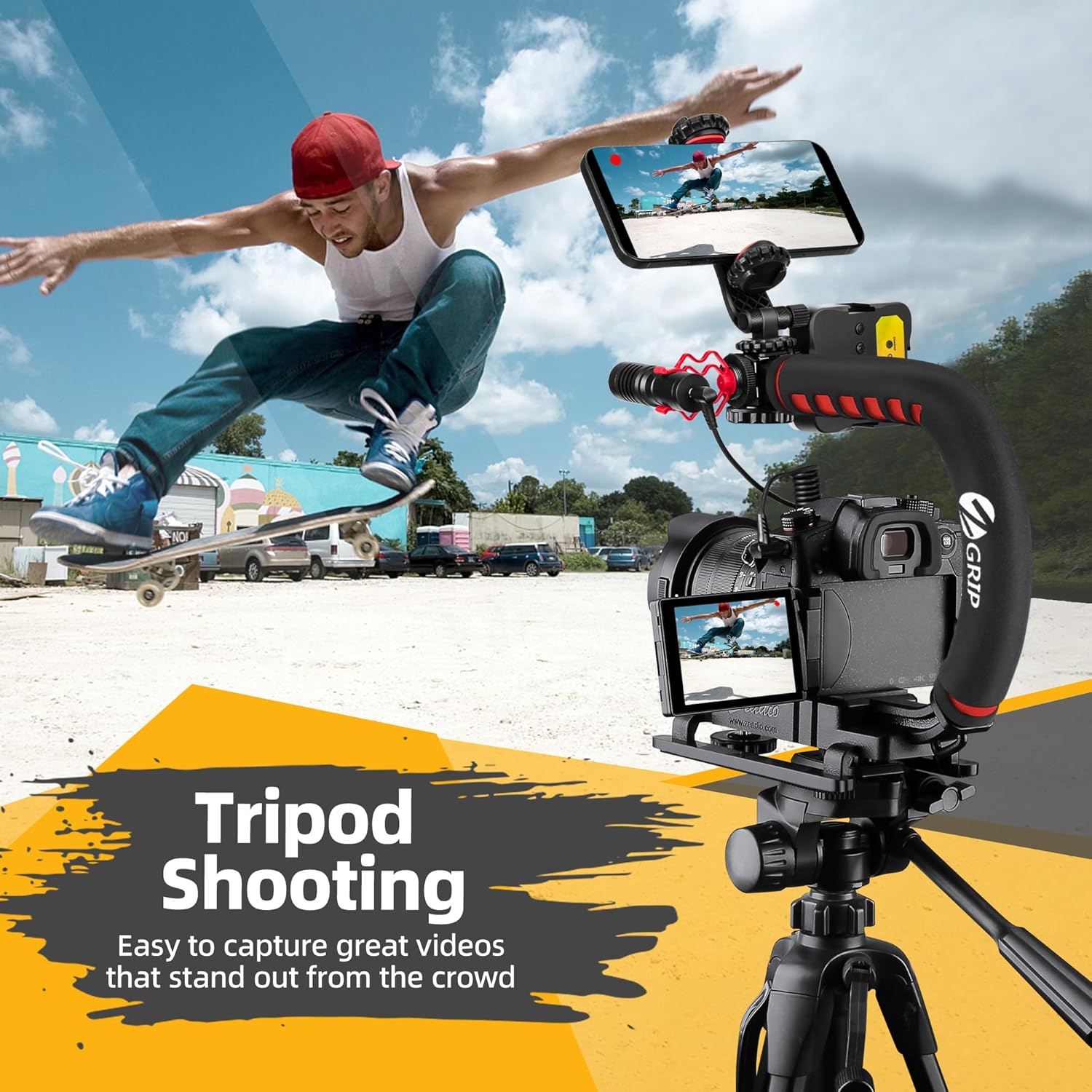 Zeadio Camera Stabilizer, Handle Grip Handheld Stabilizer with LED Video Light and Microphone, Fits for All Camcorder, Camera, DSLR, Action Camera and All Smartphones