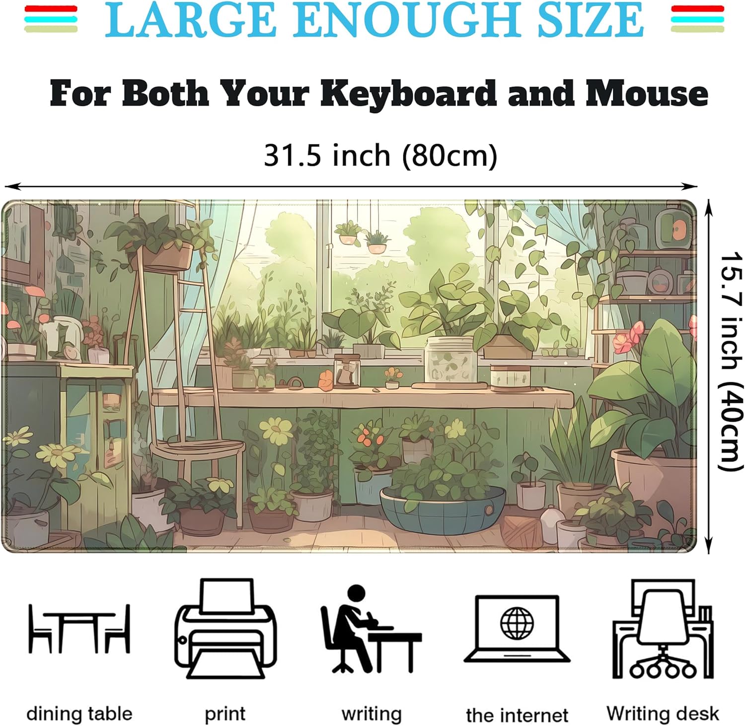 Cute Desk Mat Green Plants Gaming Mouse Pad XXL Large Extended Sage Laptop Keyboard and Mouse Mat with Stitched Edges, Computer Desktop Mat Playmat for Women Office Desk Decor Pad Mat 31.5x15.7 in