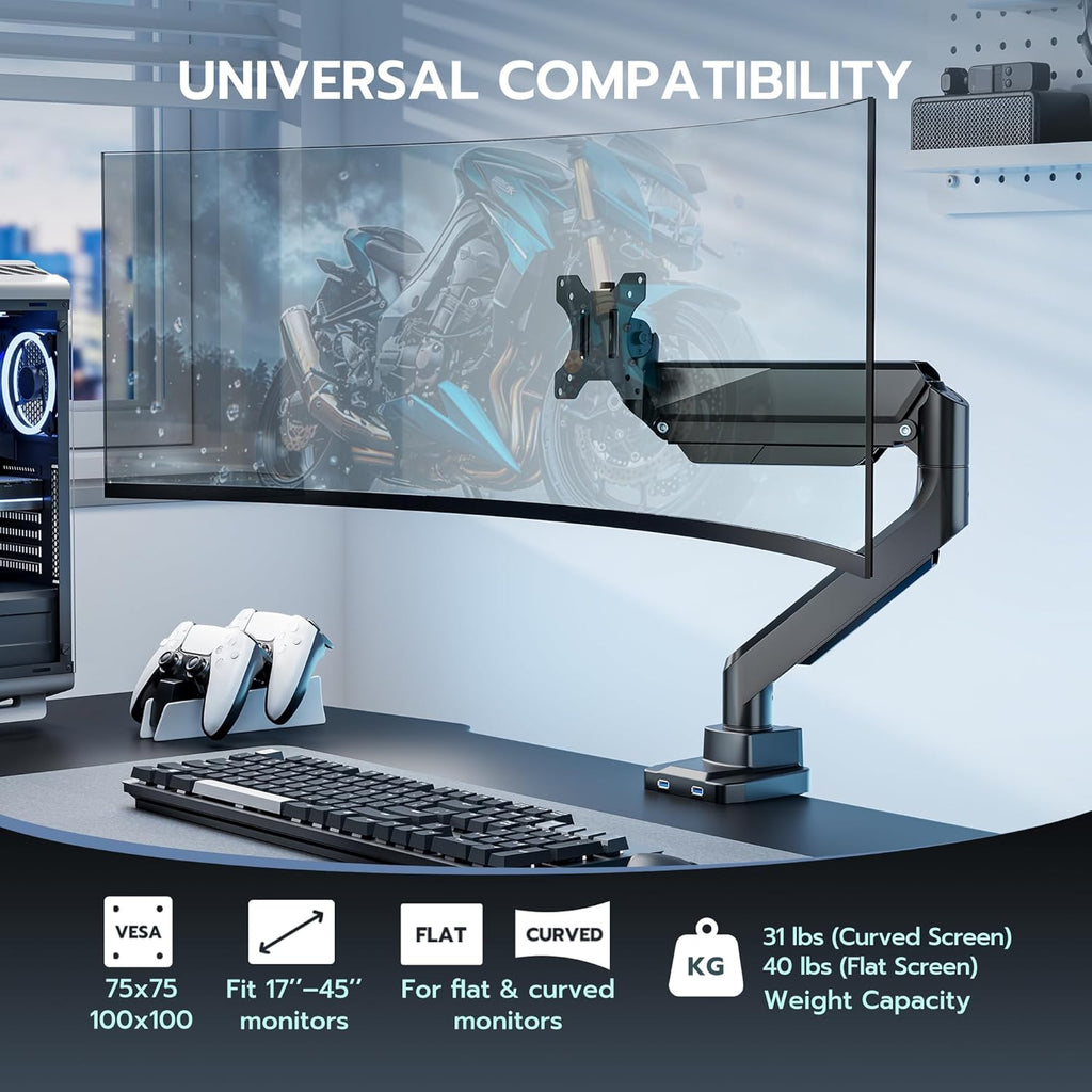 ARES WING Single Monitor Arm, Heavy Duty Adjustable Monitor Arm for 13"-45" Screens with USB, Gas Spring Desk Mount Stand with C Clamp/Grommet Mounting Base up to 40lbs Computer, Black