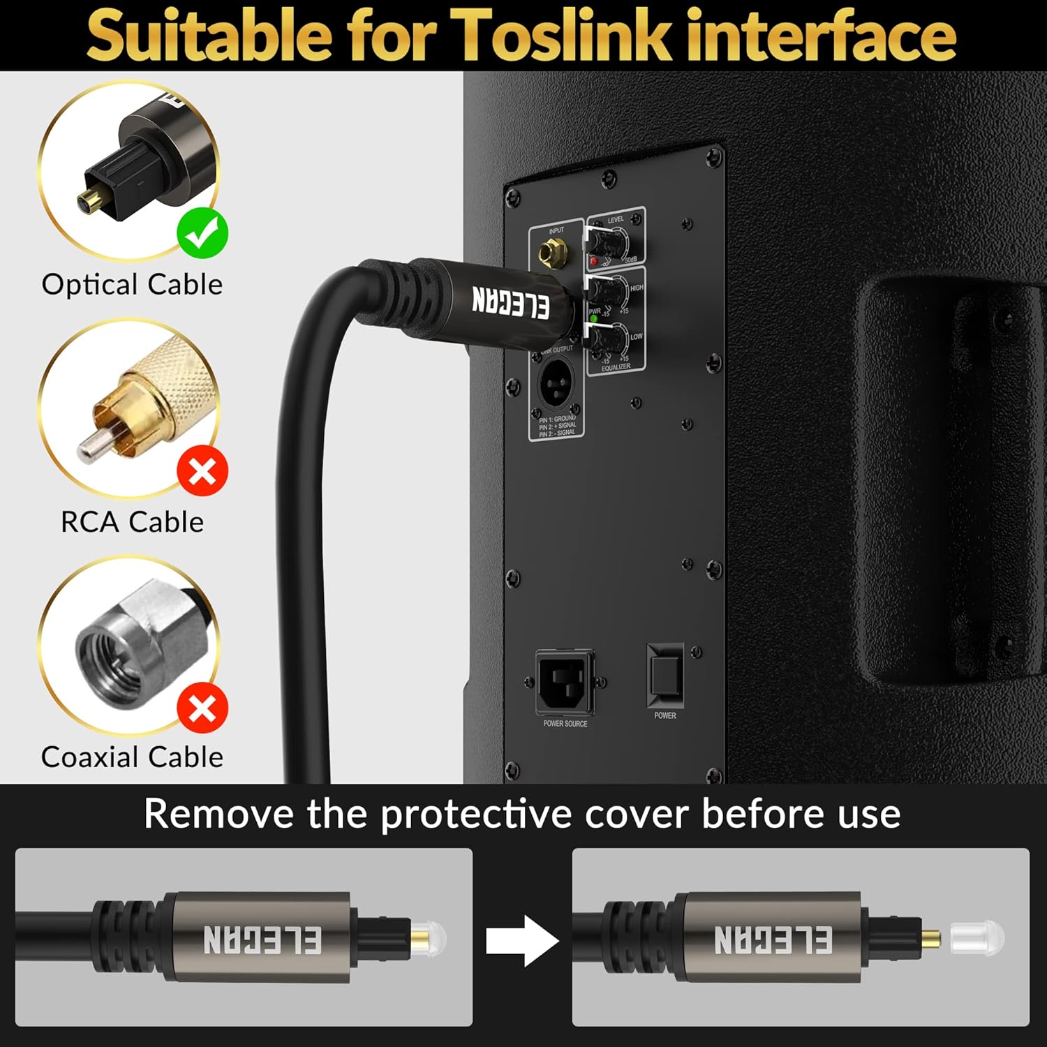 Elecan Optical Audio Cable 30 Ft Digital Audio Toslink Cable Cord-Fiber Optic-Gold Plated-Flexiable&Durable-for Home Theater,Sound Bar,PS4&Xbox-with 4 Right Angled and Mini Toslink Adapters+Ties