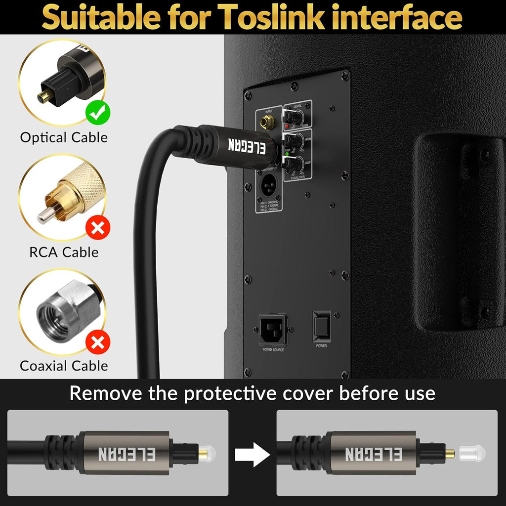 Elecan Optical Audio Cable 150 Ft Digital Audio Toslink Cable Cord-Fiber Optic-Gold Plated-Flexiable&Durable-for Home Theater,Sound Bar,PS4&Xbox-with 4 Right Angled and Mini Toslink Adapters+Ties