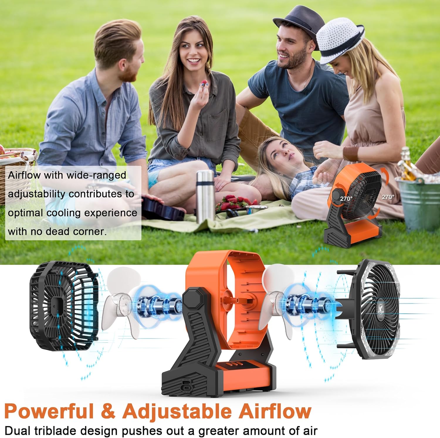 KITWLEMEN 20000mAh Battery Powered Camping Fan - 58H Max Cooling, Rechargeable Battery Operated Desk Fan with 4 Speeds, Bright Light & Hanging Hook, Portable for Tent Outdoor Hurricane Power Outage