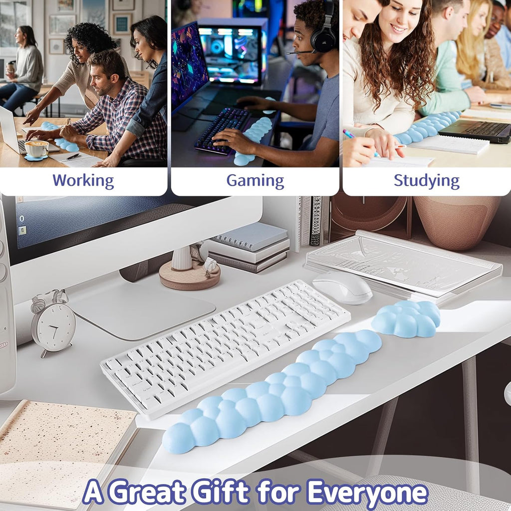 Cloud Wrist Rest for Keyboard and Mouse, Memory Foam PU Leather Keyboard Wrist Rest with Ergonomic Support, Non-Slip Base, Cute Arm Rest Pad & Palm Cushion, Office Desk Accessory, Blue
