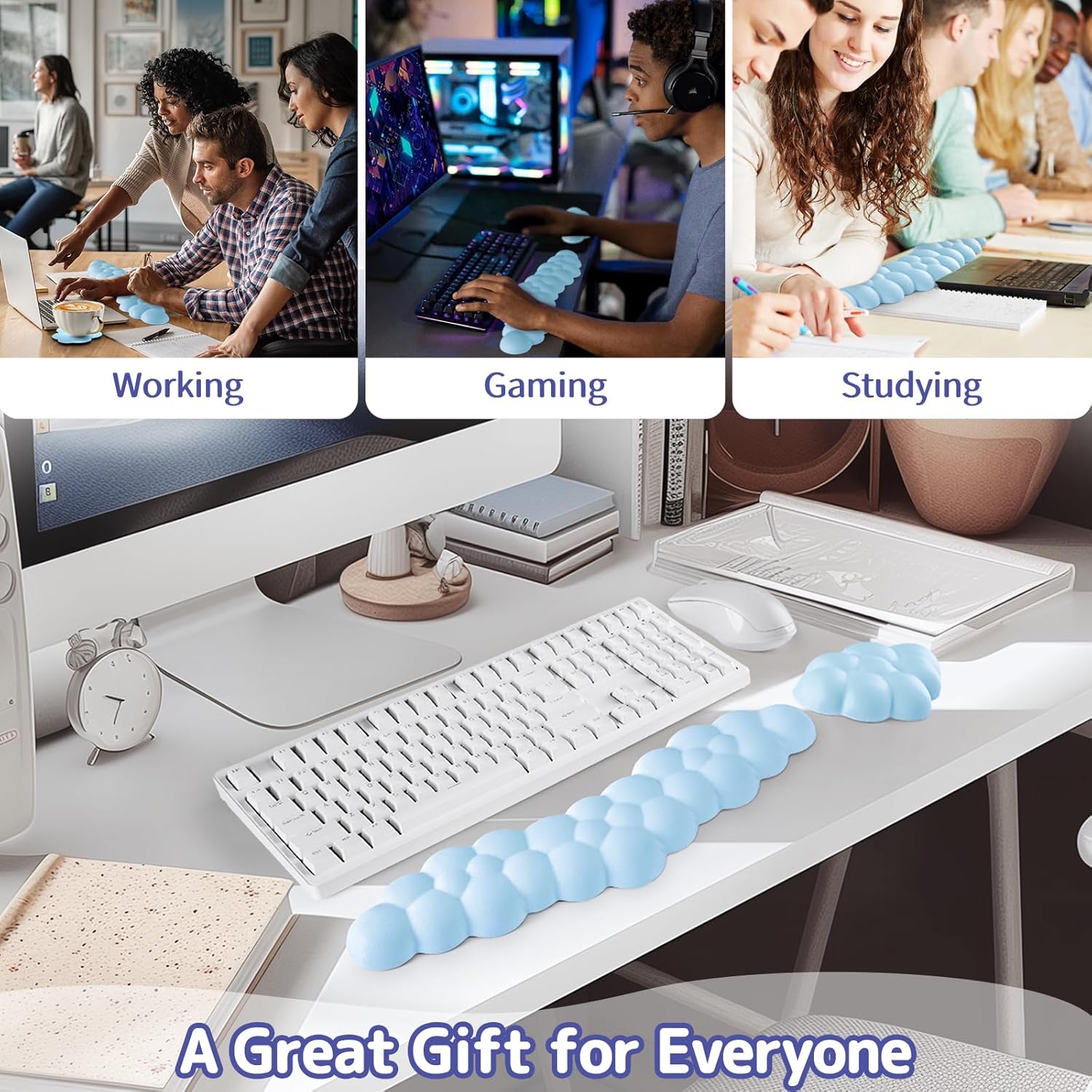 Cloud Wrist Rest for Keyboard and Mouse, Memory Foam PU Leather Keyboard Wrist Rest with Ergonomic Support, Non-Slip Base, Cute Arm Rest Pad & Palm Cushion, Office Desk Accessory, Blue