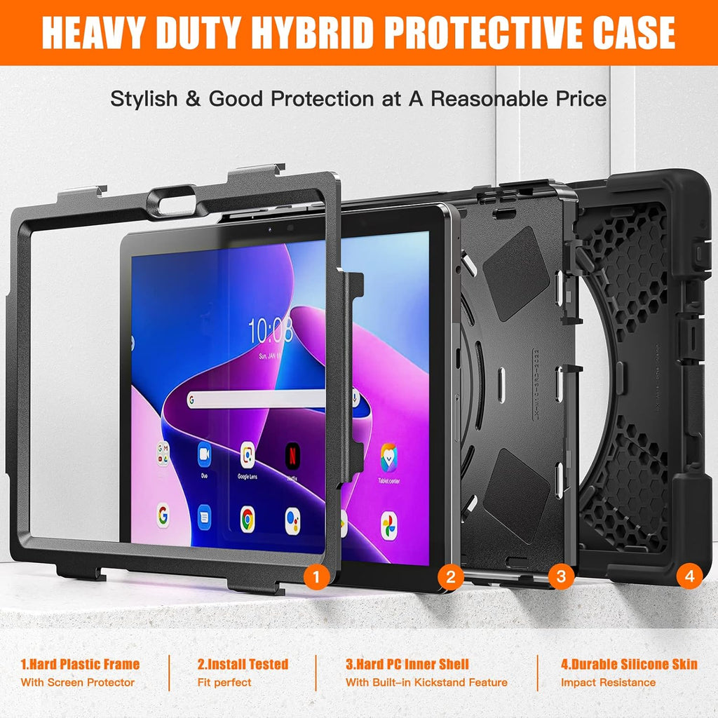 Junfire Shockproof Case for Lenovo Tab M10 3rd Gen 10.1 inch 2022, Heavy Duty Rugged Case with Hand Strap/360°Rotating Kickstand/Shoulder Belt for TB-326FU/TB-328XU,Black