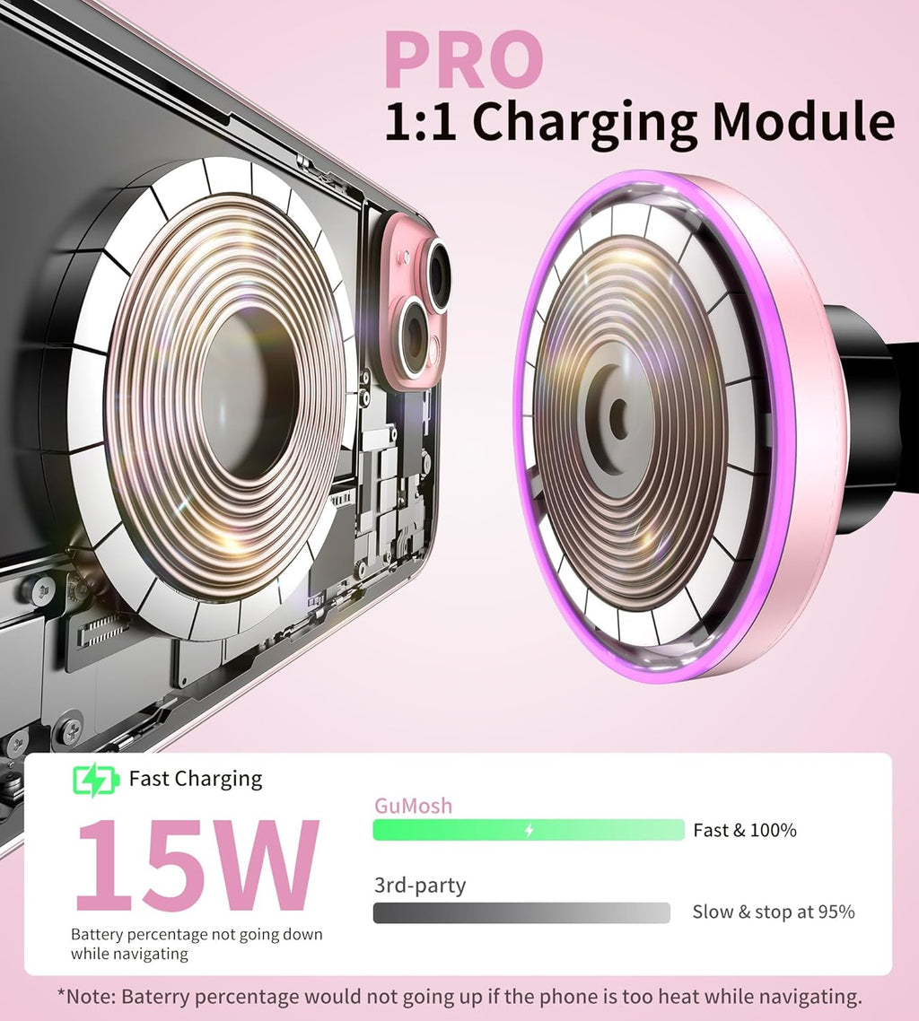 for MagSafe Car Mount Charger Dash/Windshield/Vent Wireless Car Charger with [LED Light], Strong Magnetic Phone Holder for Car for iPhone 16 15 14 13 12 Series, Fit MagSafe Accessories (Pink)