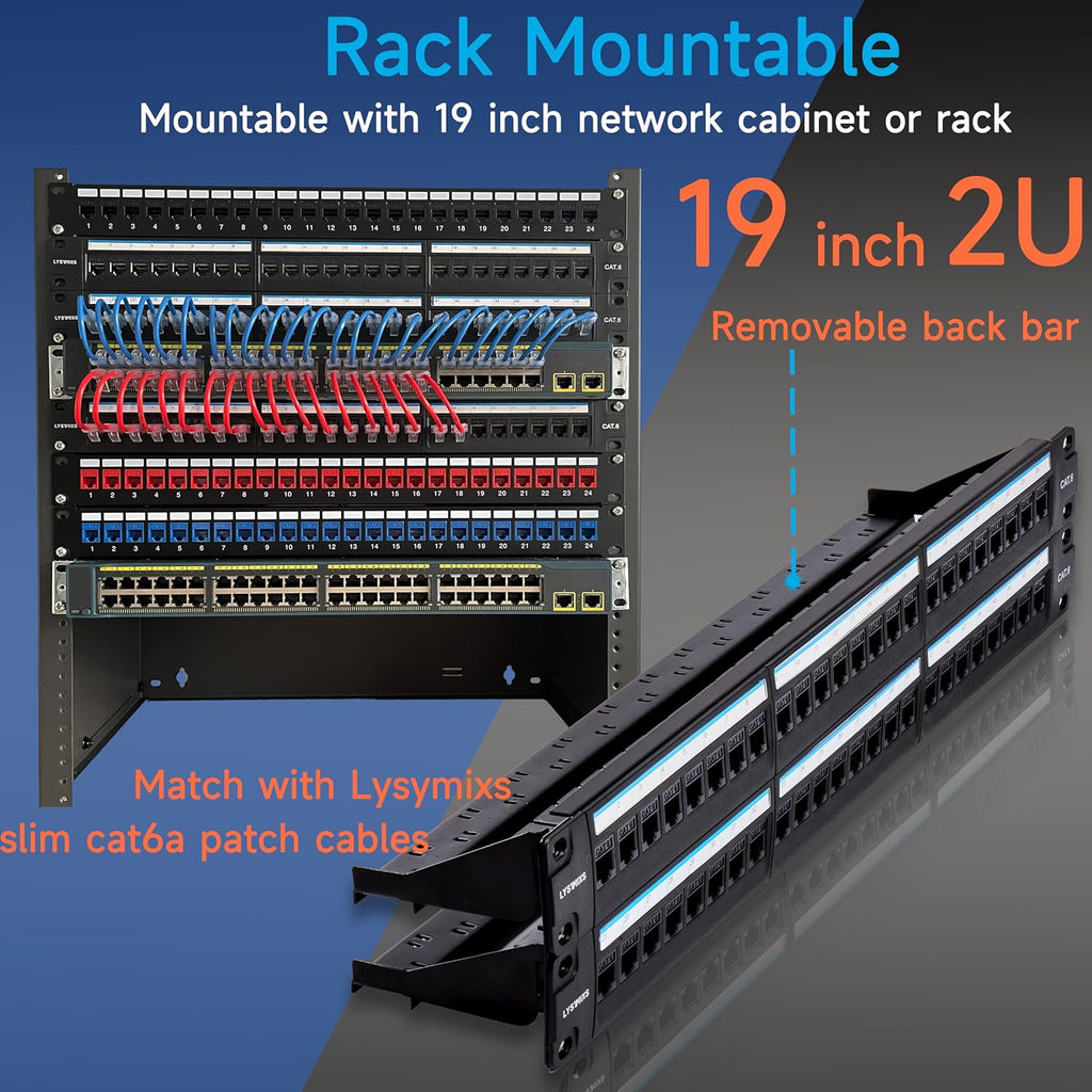 48 Port RJ45 Cat6 Patch Panel, 19 Inch, Black, Easy Install & Repair, Gold Plated Keystone, Rack Mountable